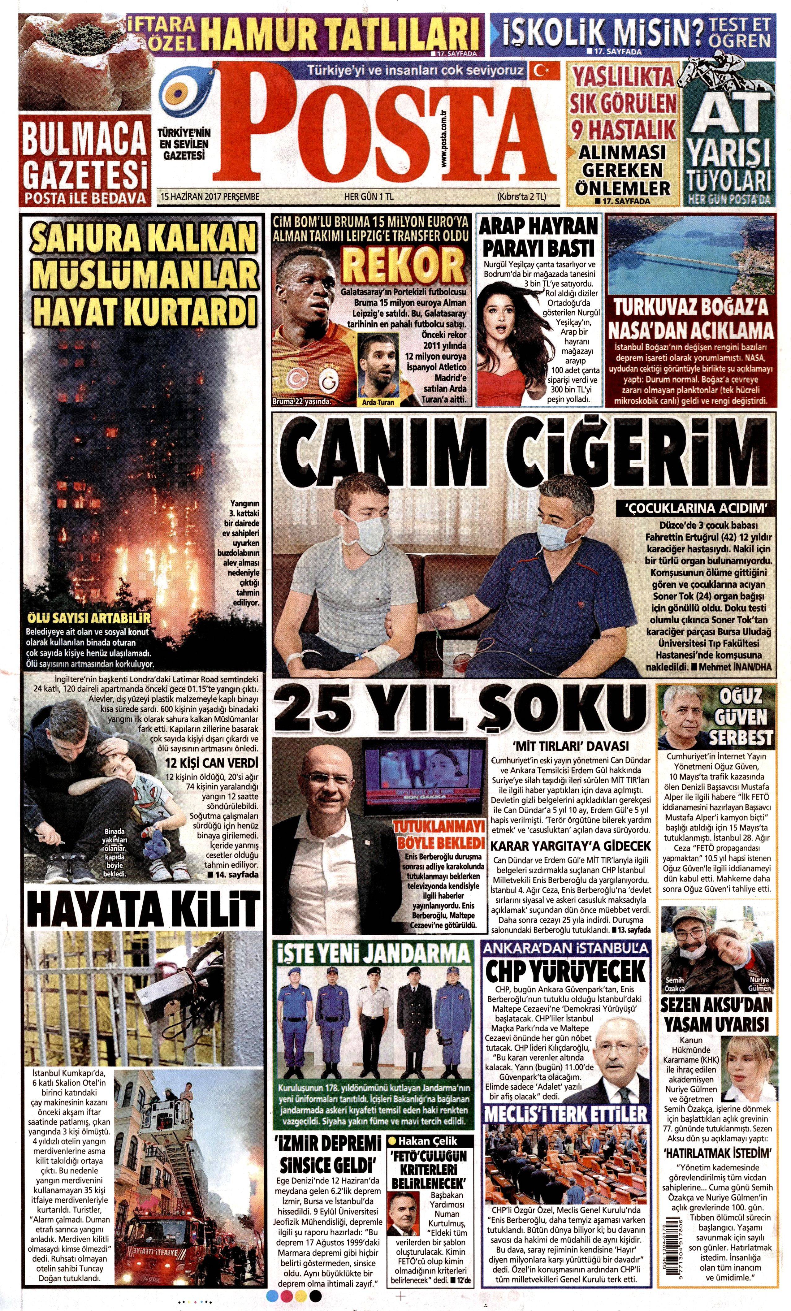 15 Haziran 2017 Perşembe gazete manşetleri - 17
