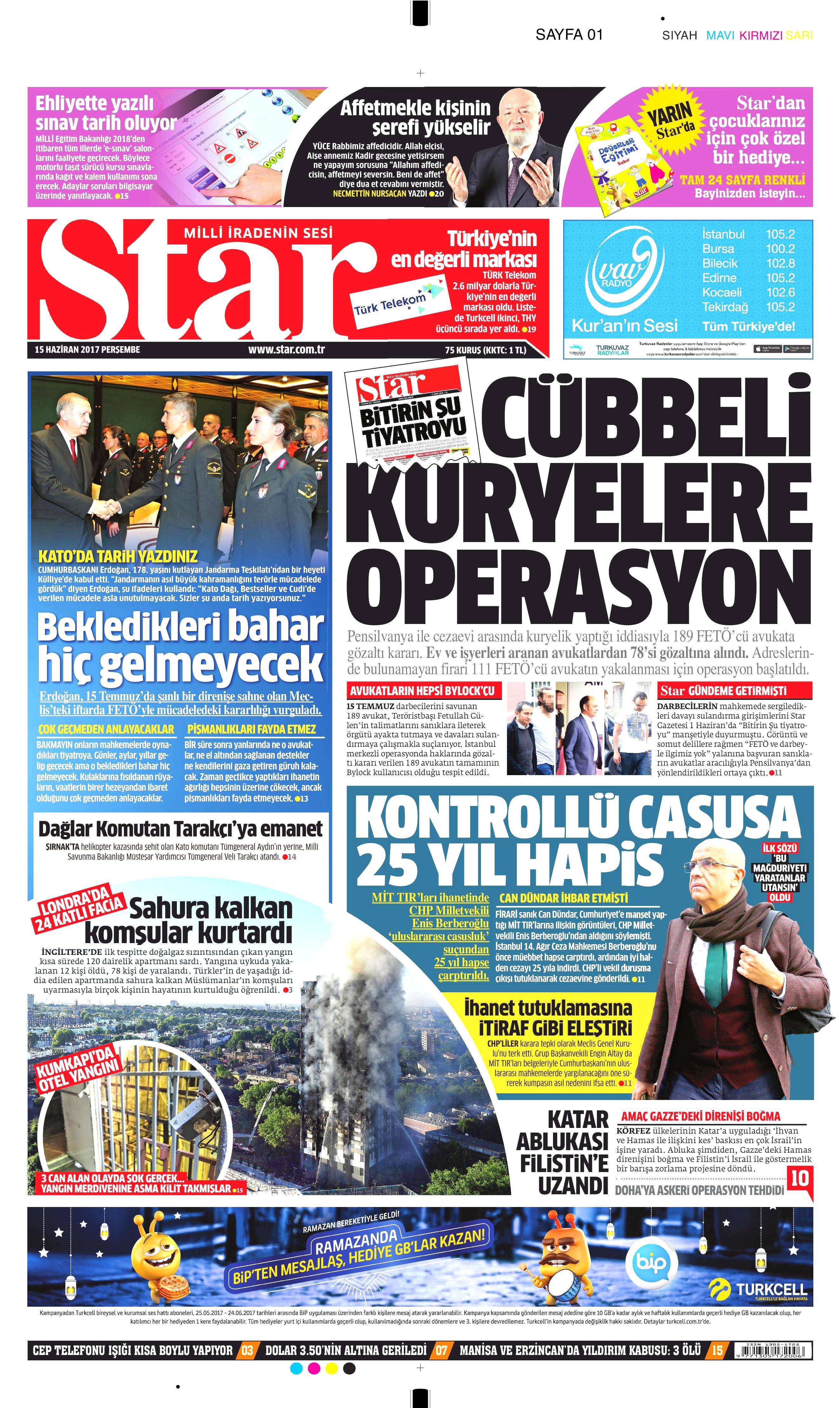 15 Haziran 2017 Perşembe gazete manşetleri - 19