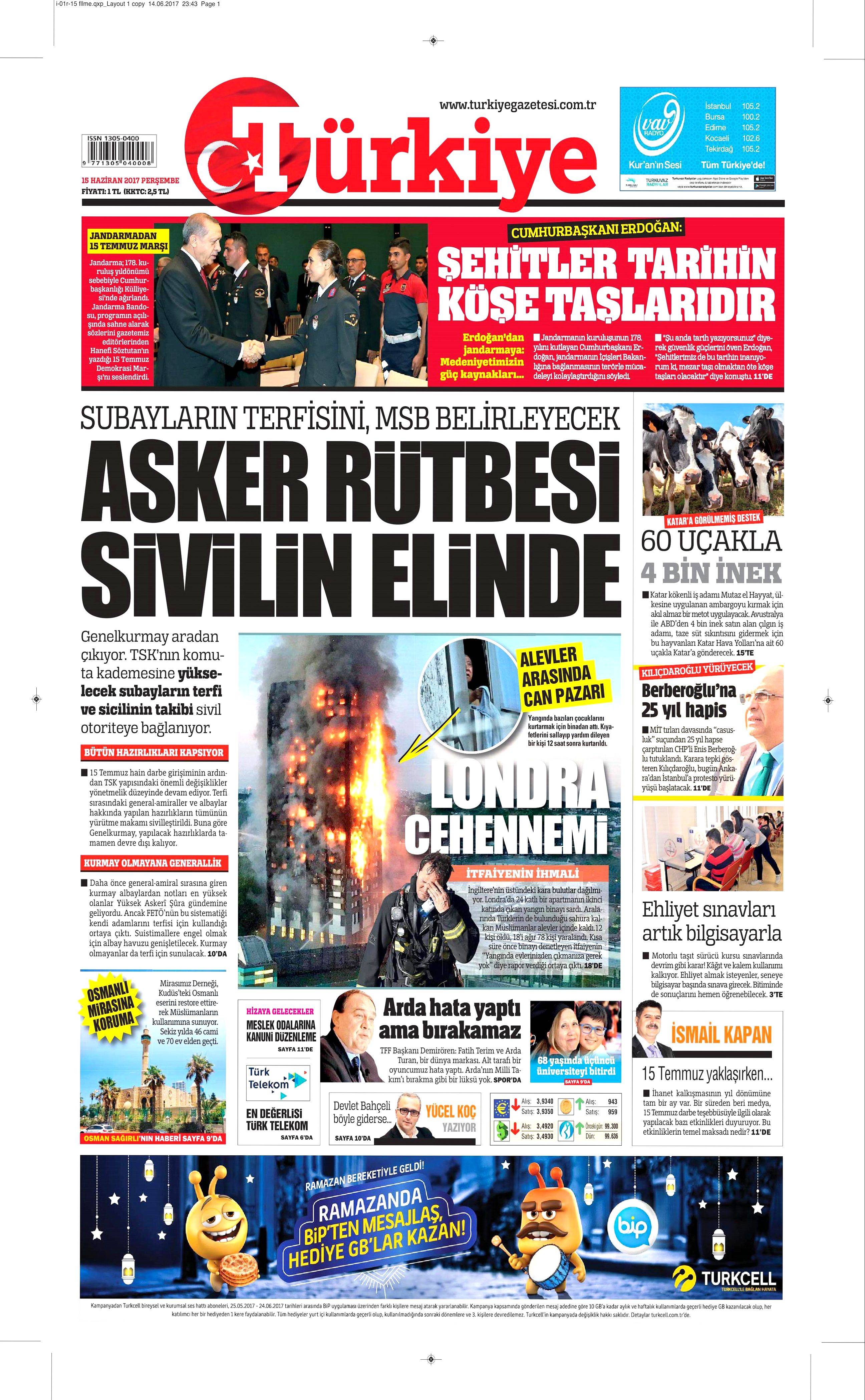 15 Haziran 2017 Perşembe gazete manşetleri - 22