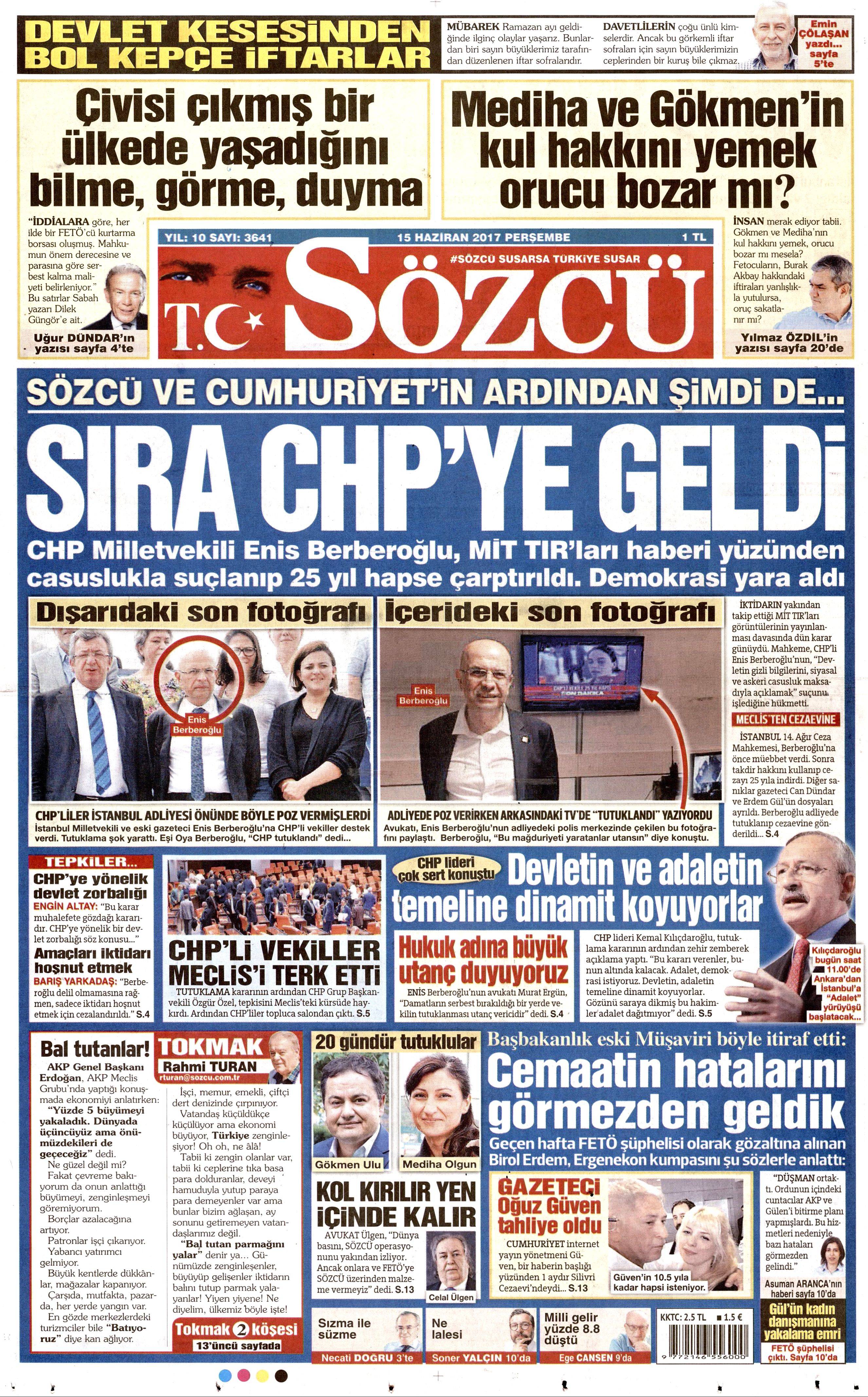 15 Haziran 2017 Perşembe gazete manşetleri - 20