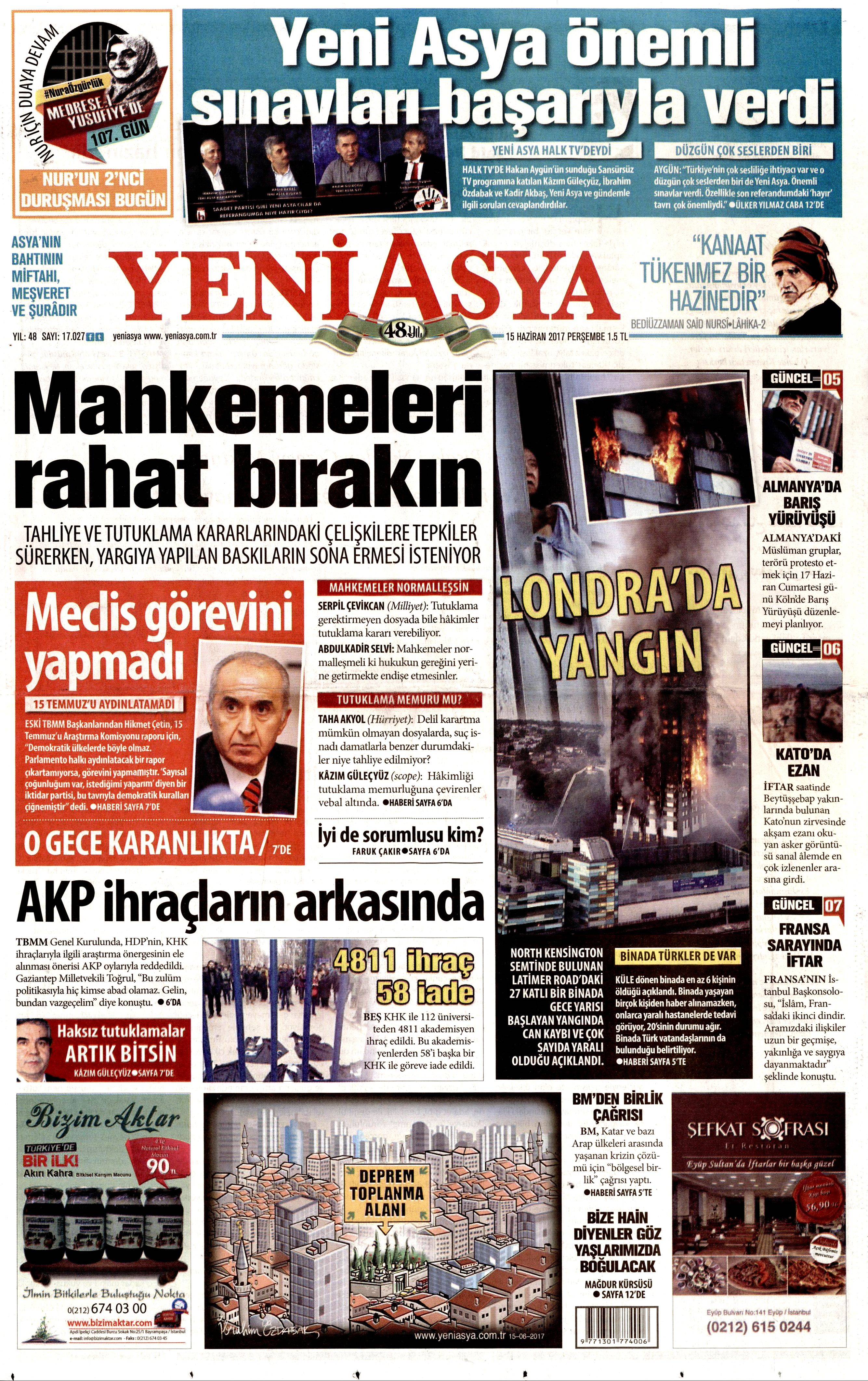 15 Haziran 2017 Perşembe gazete manşetleri - 24