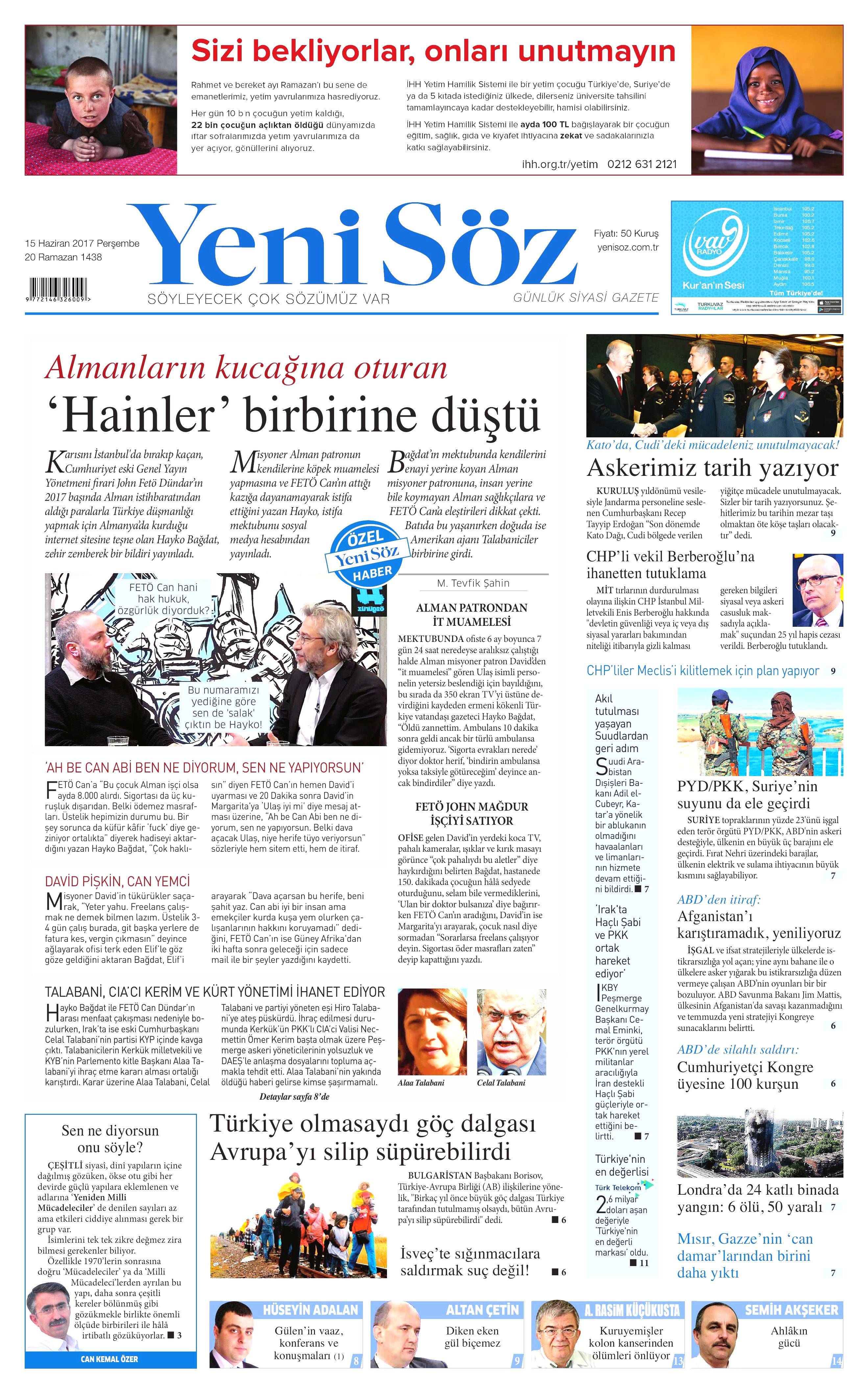 15 Haziran 2017 Perşembe gazete manşetleri - 28