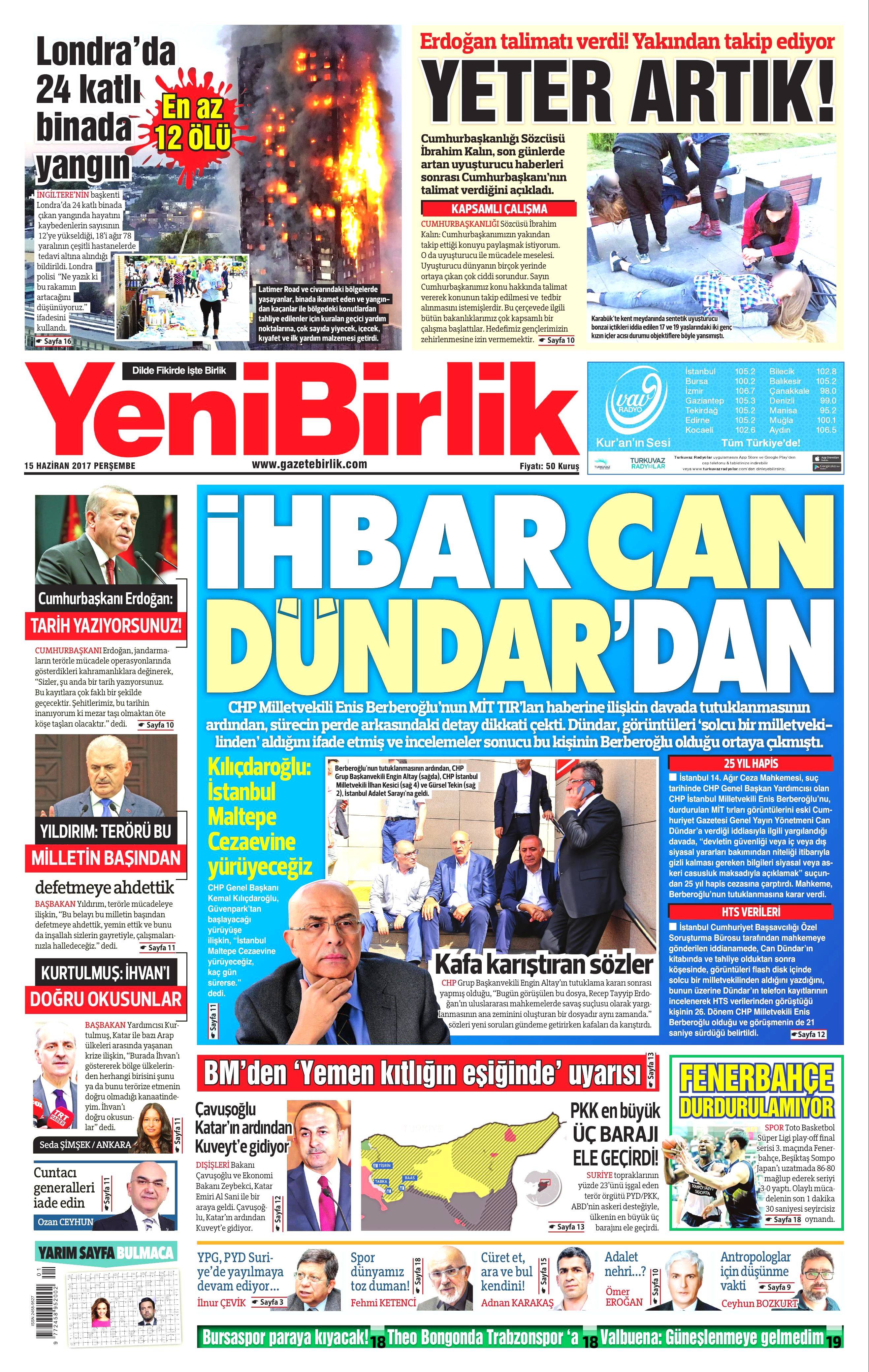 15 Haziran 2017 Perşembe gazete manşetleri - 25