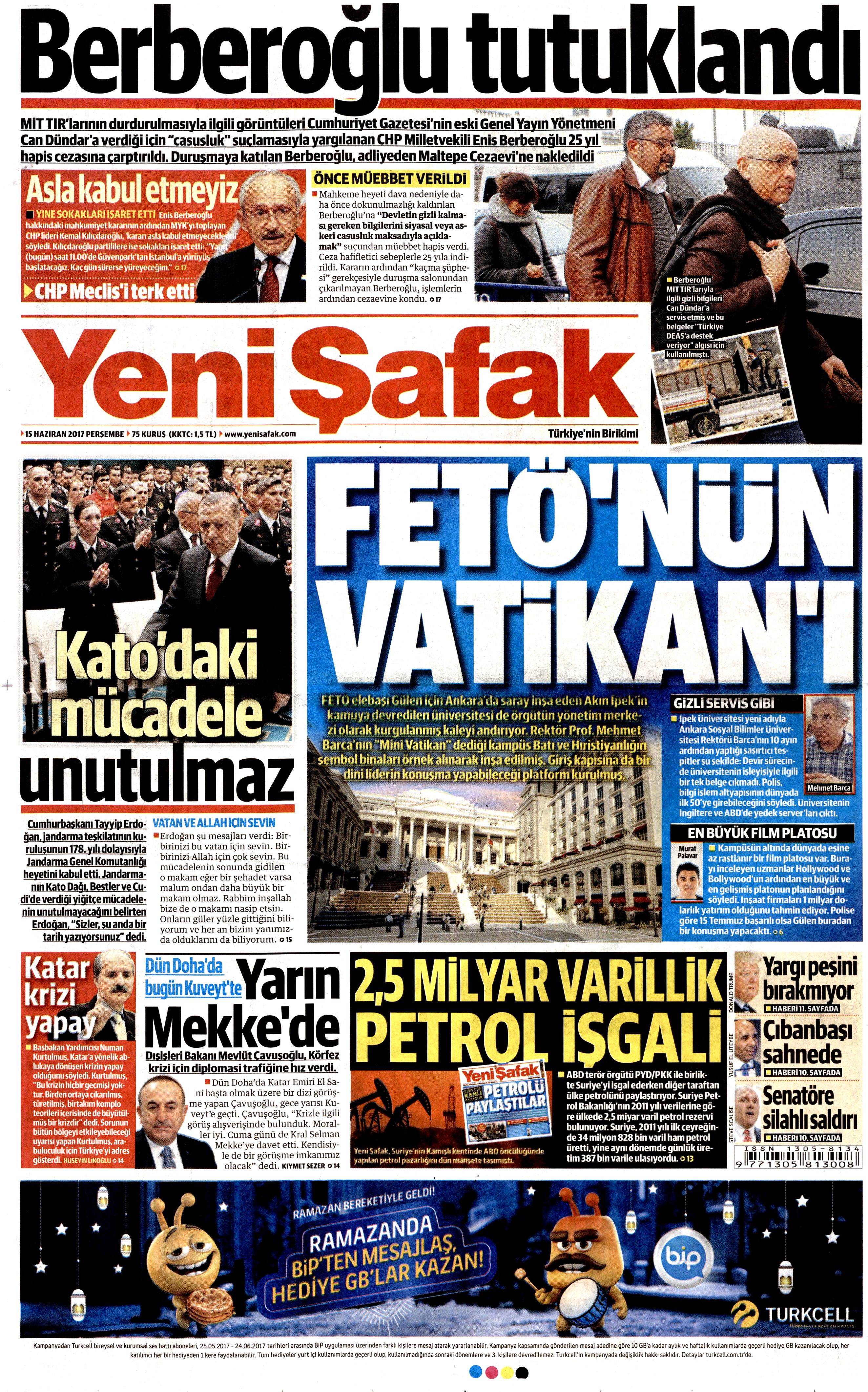 15 Haziran 2017 Perşembe gazete manşetleri - 29