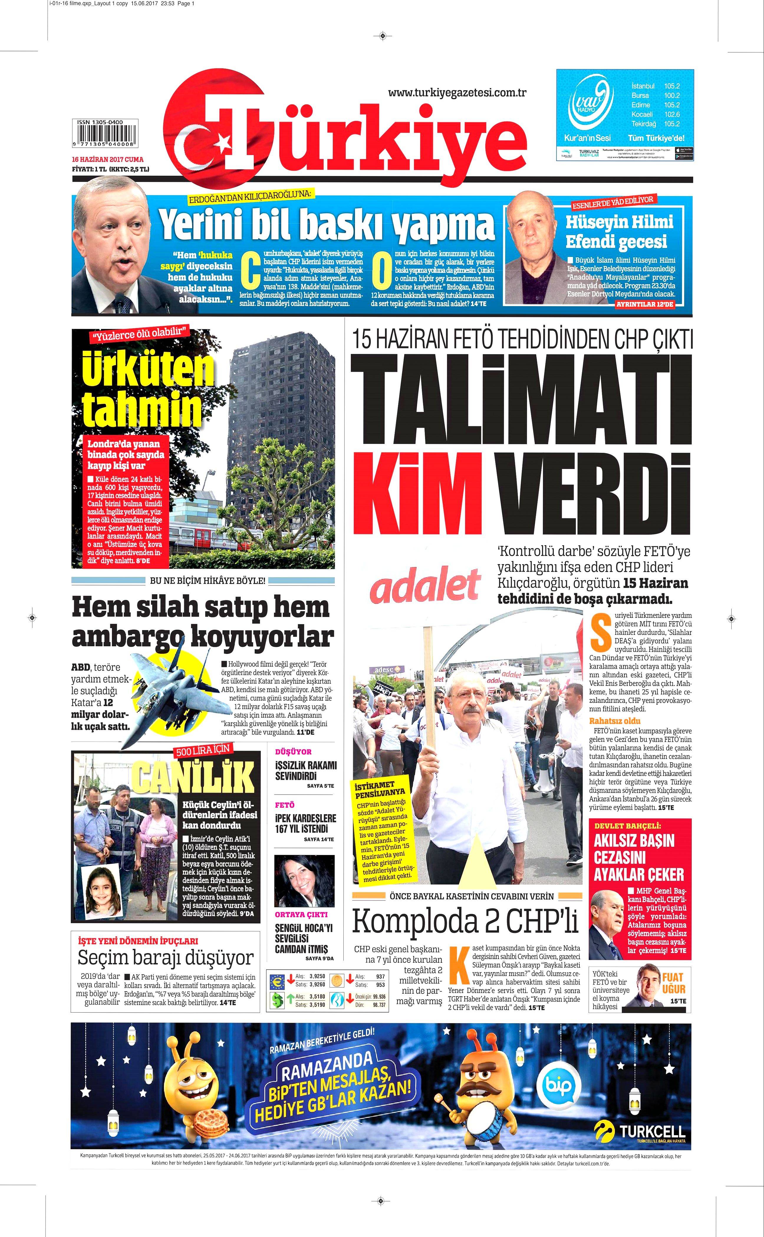 16 Haziran 2017 Cuma gazete manşetleri - 22