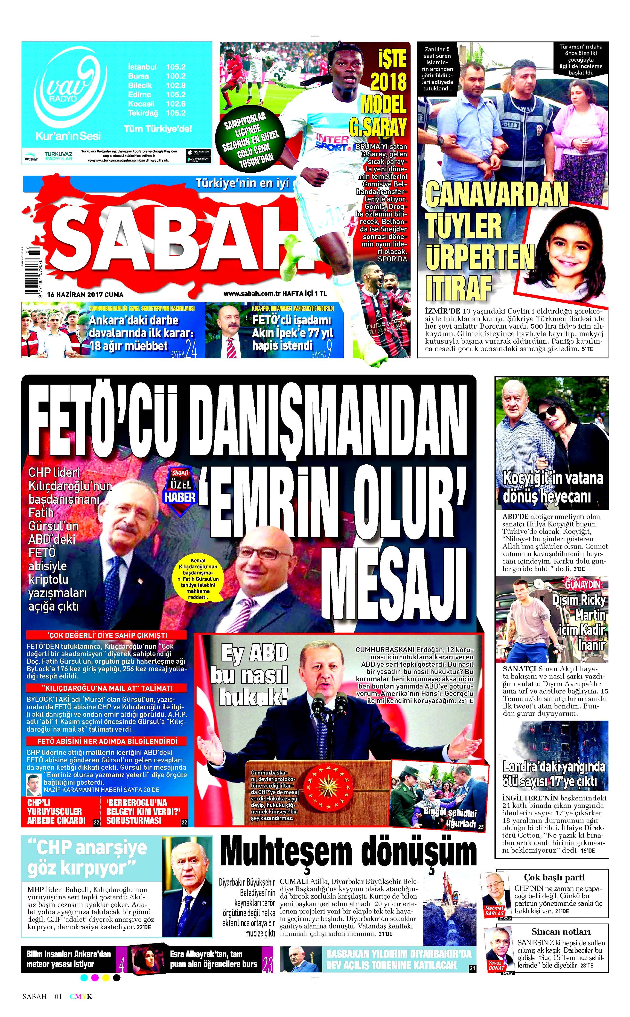 16 Haziran 2017 Cuma gazete manşetleri - 18