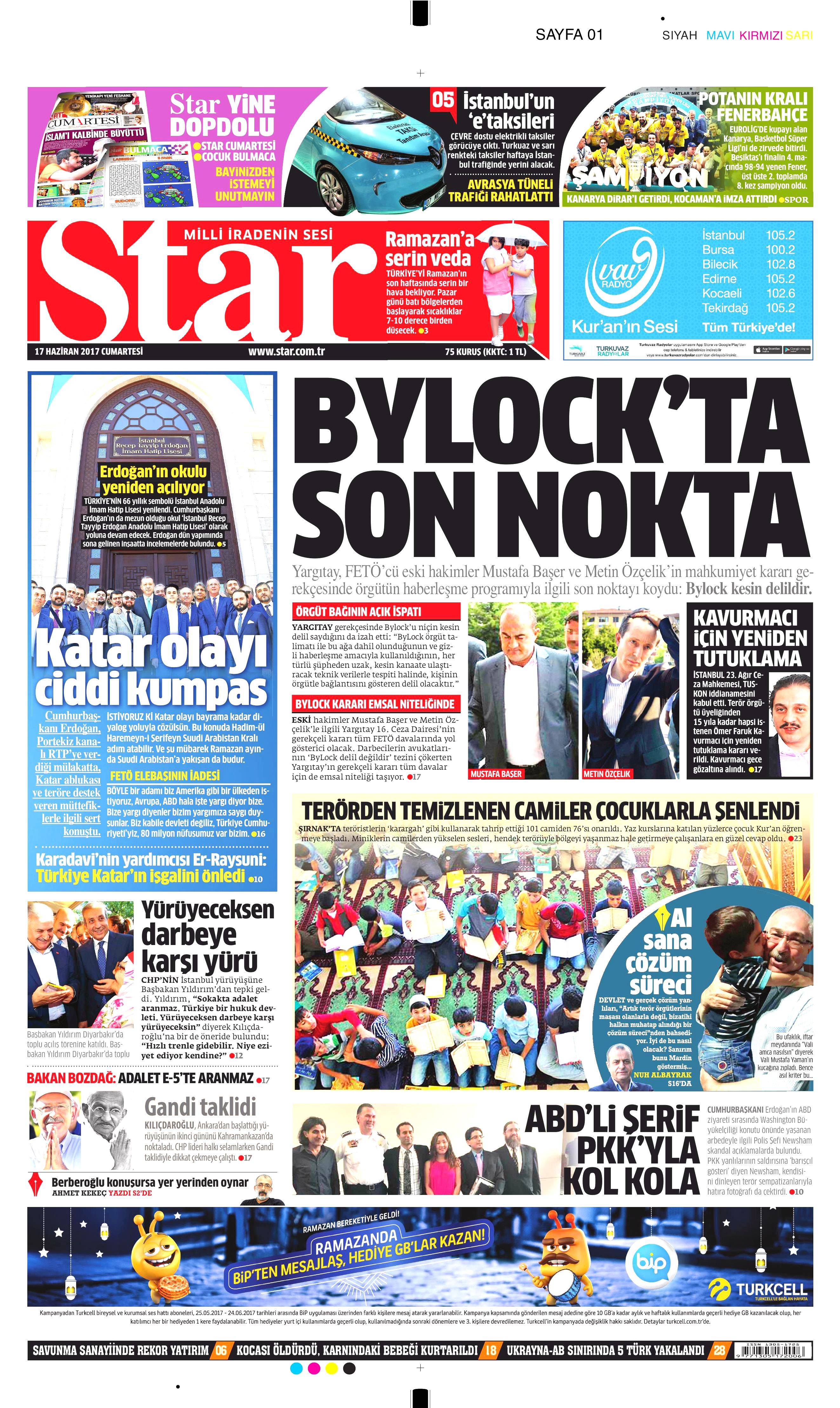 17 Haziran 2017 Cumartesi gazete manşetleri - 18