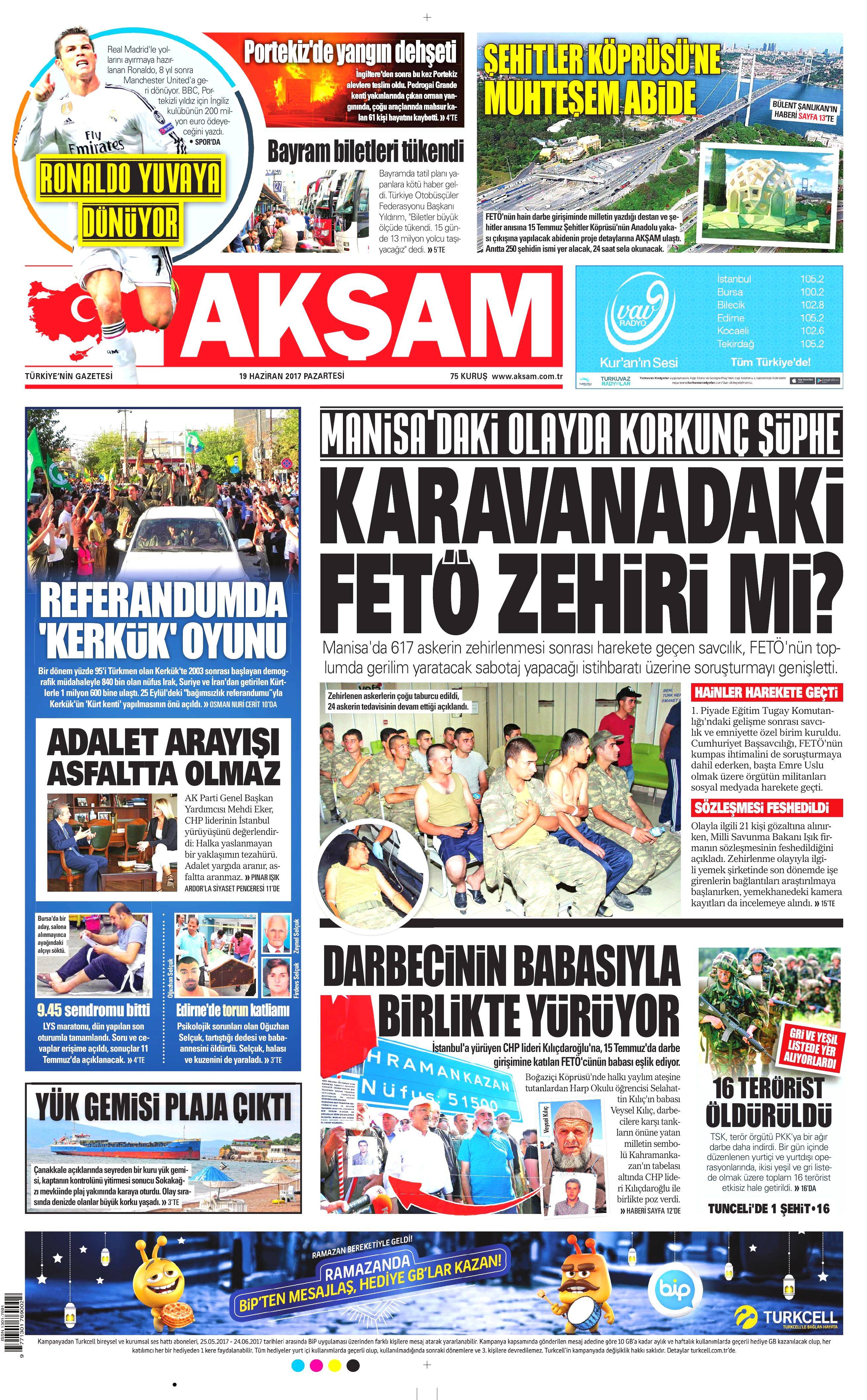 19 Haziran 2017 Pazartesi gazete manşetleri - 1