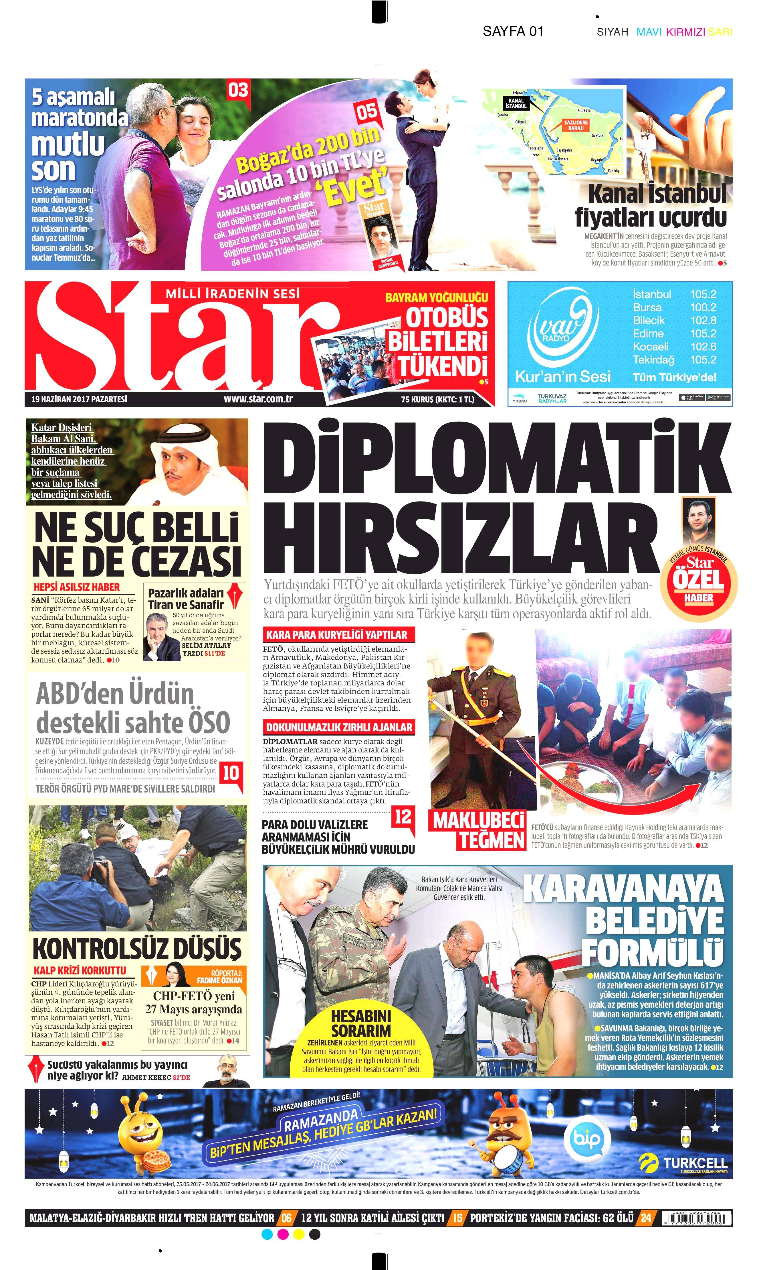 19 Haziran 2017 Pazartesi gazete manşetleri - 19