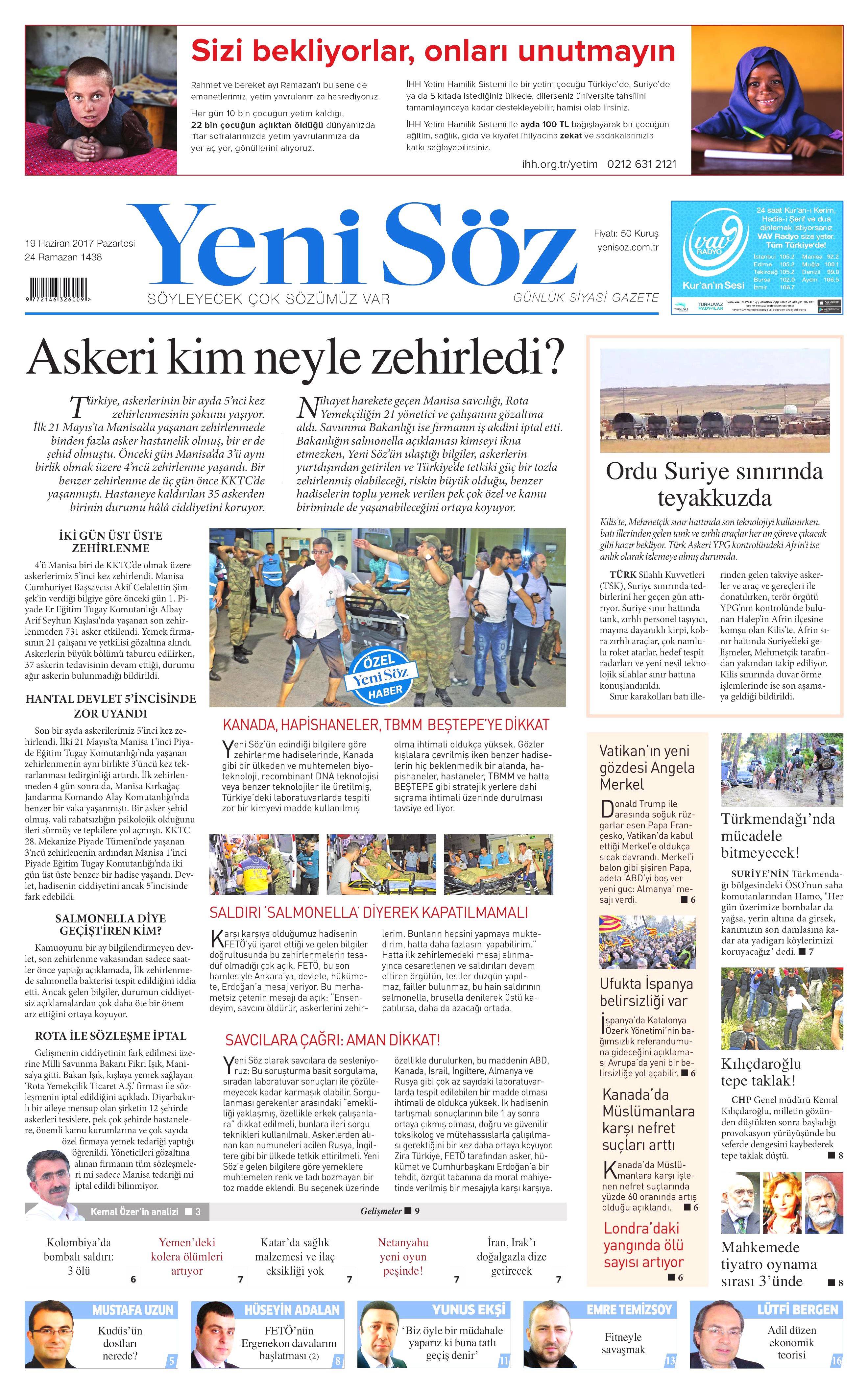 19 Haziran 2017 Pazartesi gazete manşetleri - 28