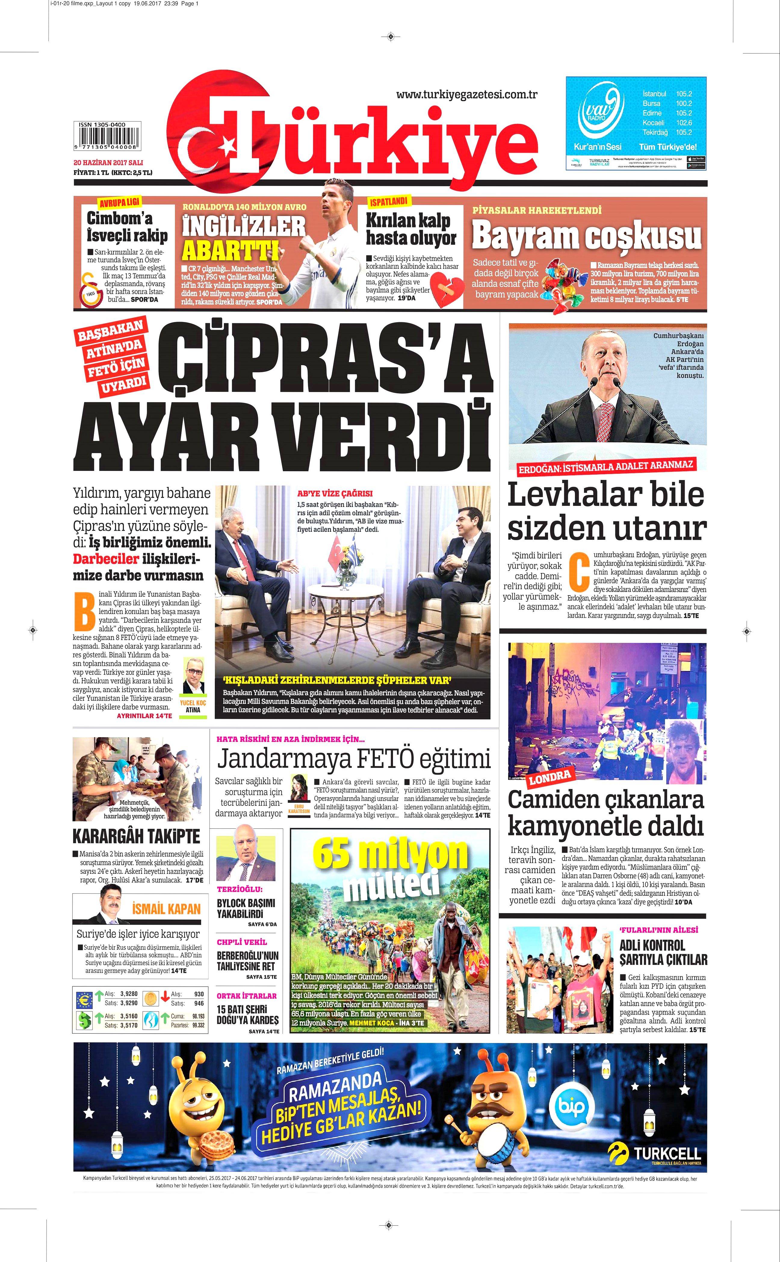 20 Haziran 2017 Salı gazete manşetleri - 22