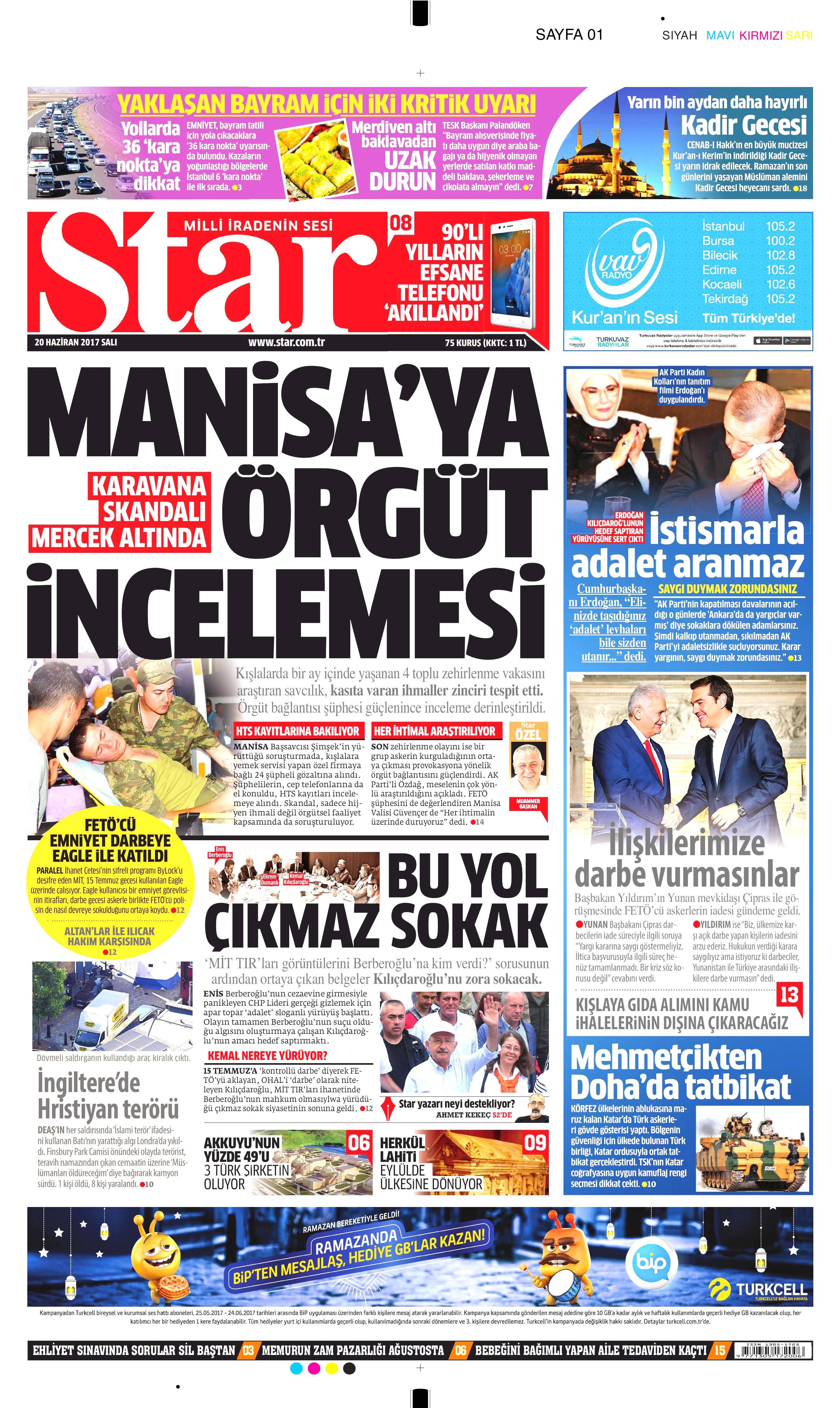 20 Haziran 2017 Salı gazete manşetleri - 20