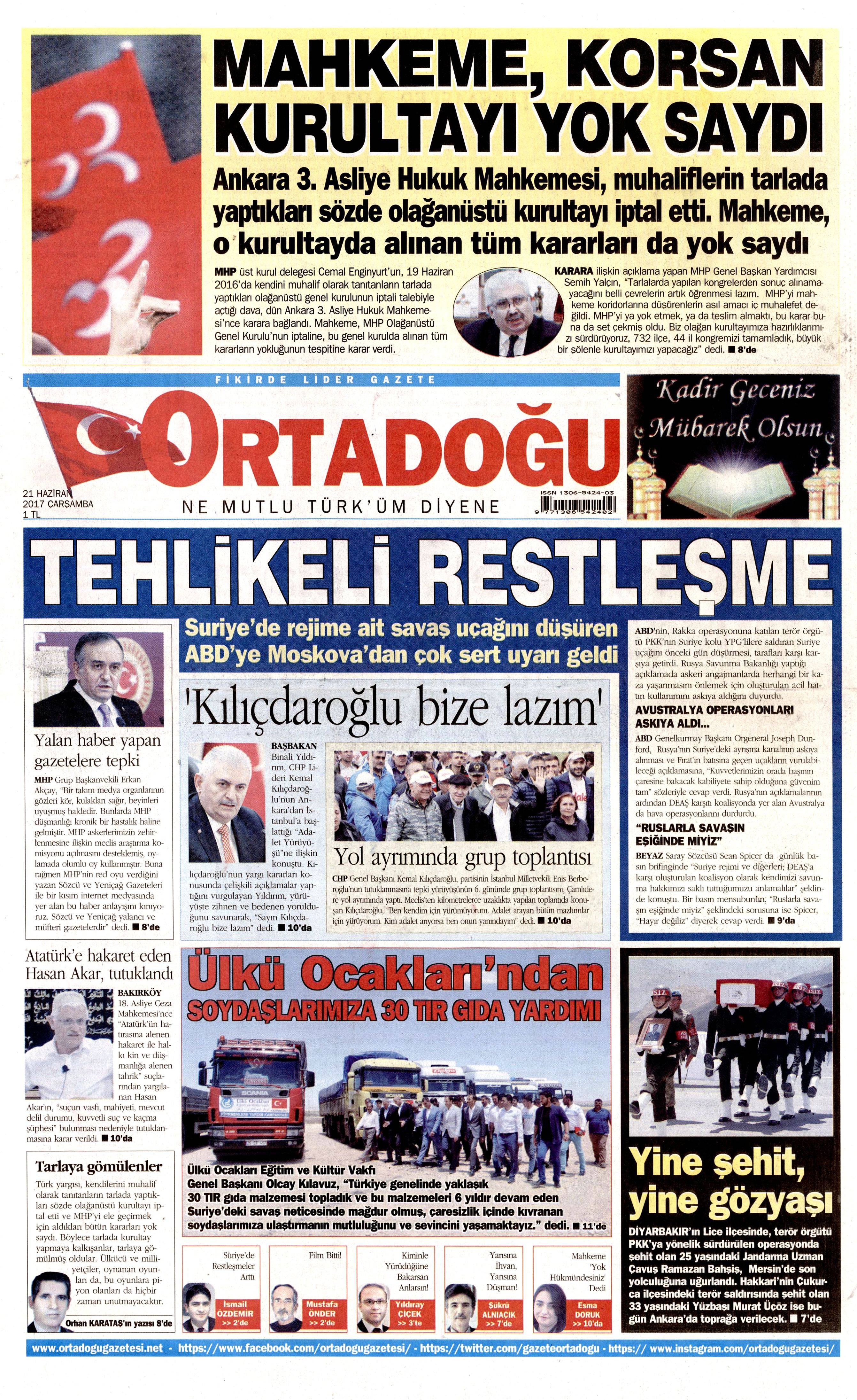 21 Haziran 2017 Çarşamba gazete manşetleri - 16