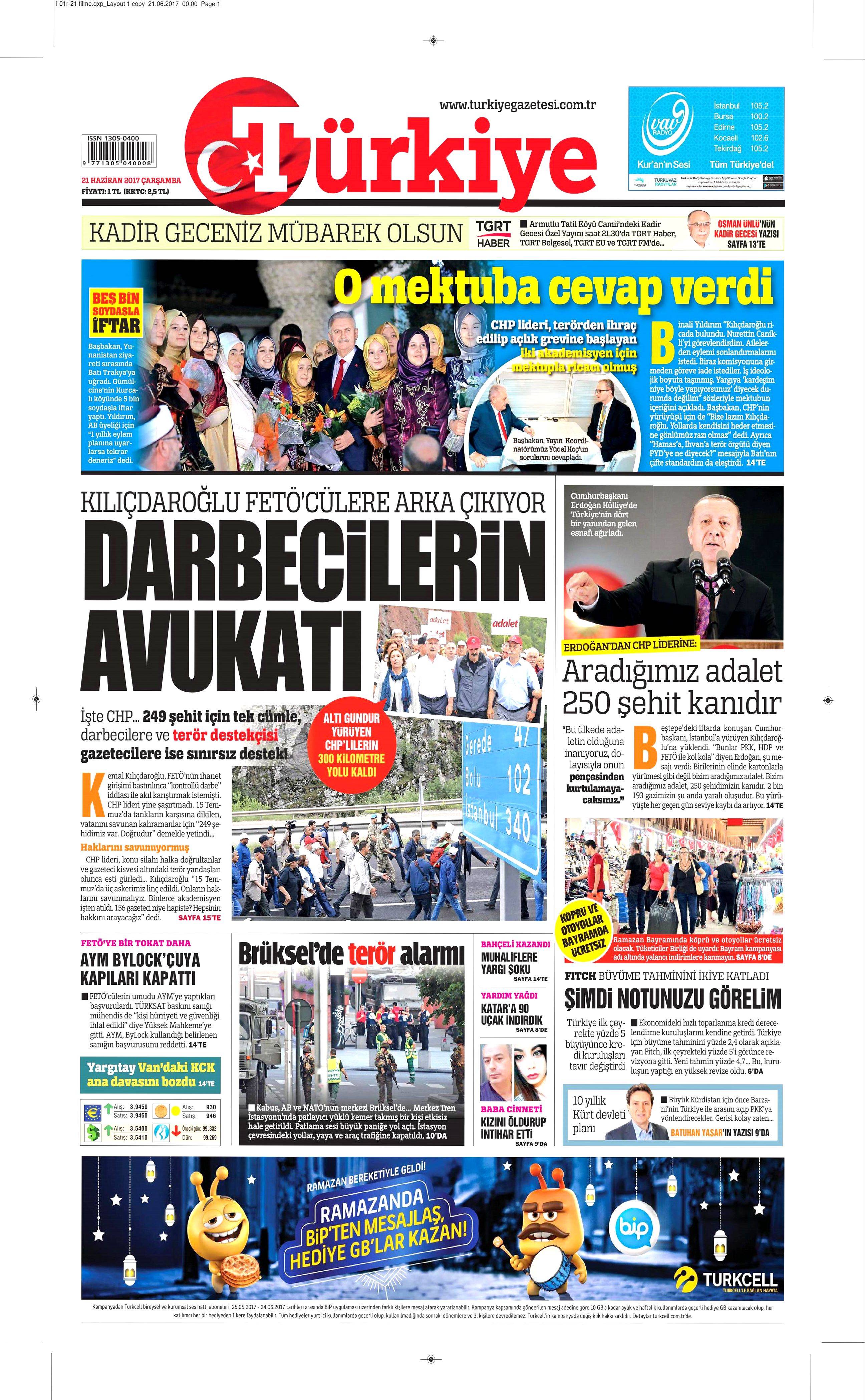 21 Haziran 2017 Çarşamba gazete manşetleri - 22