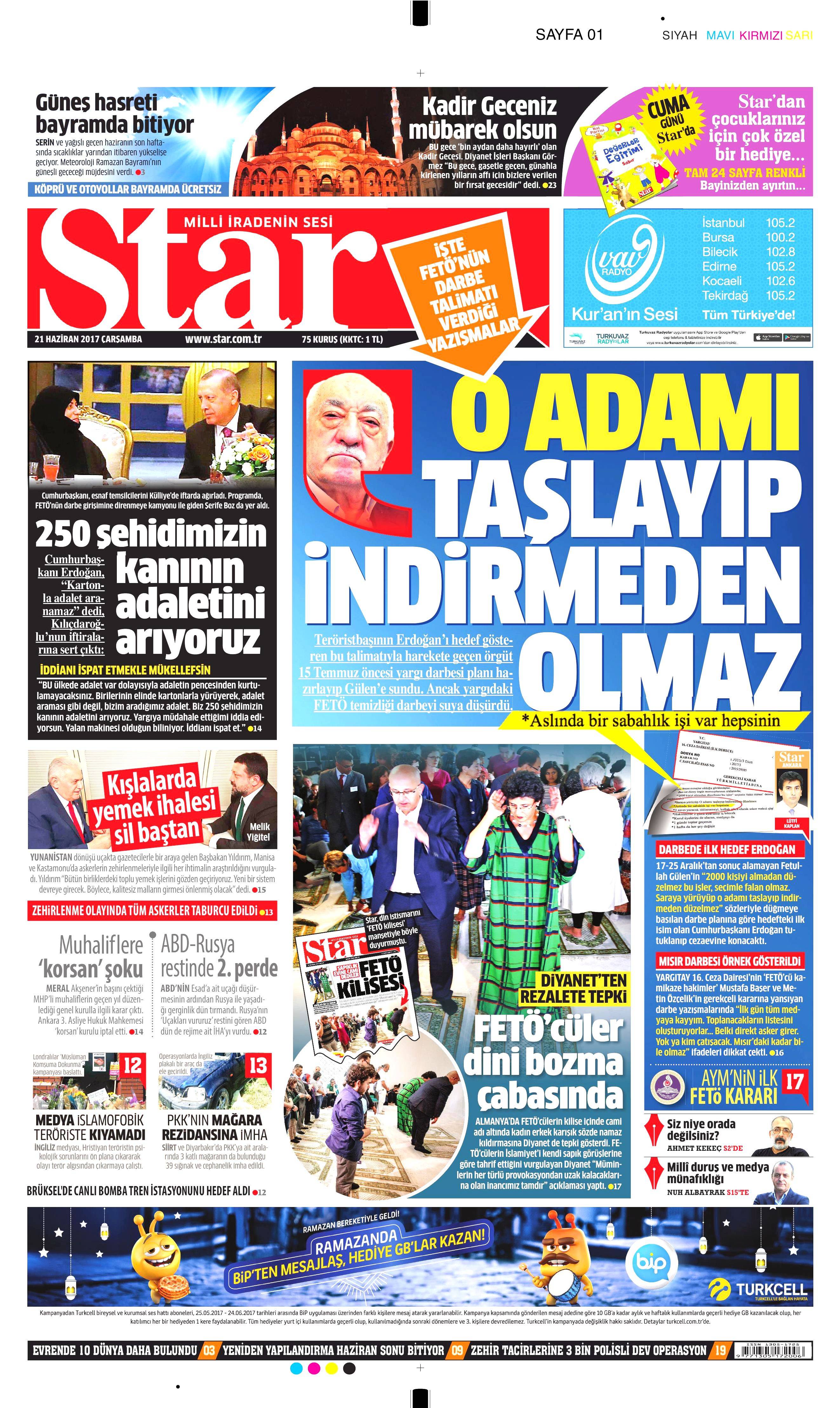 21 Haziran 2017 Çarşamba gazete manşetleri - 20