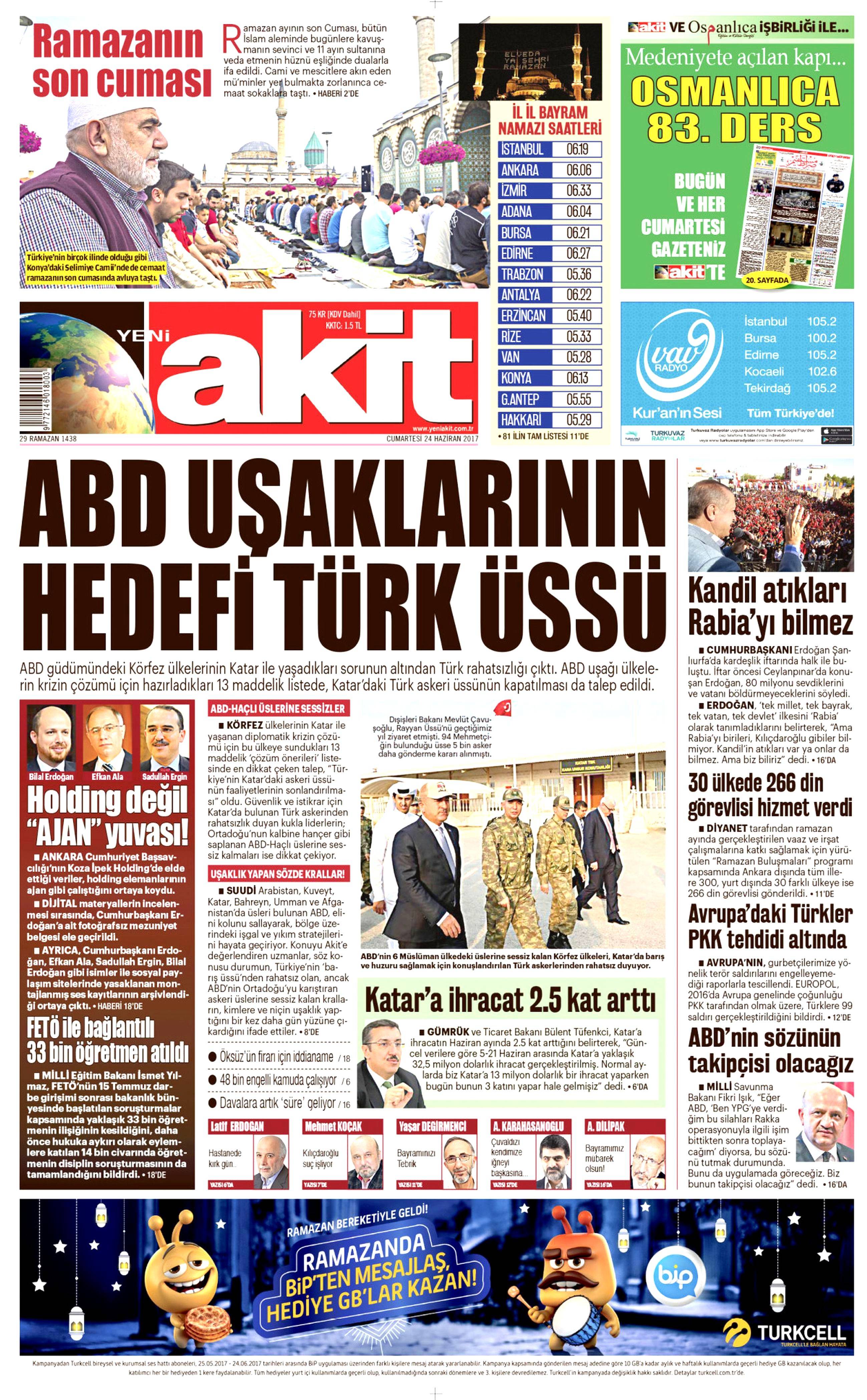 24 Haziran 2017 Cumartesi gazete manşetleri - 2