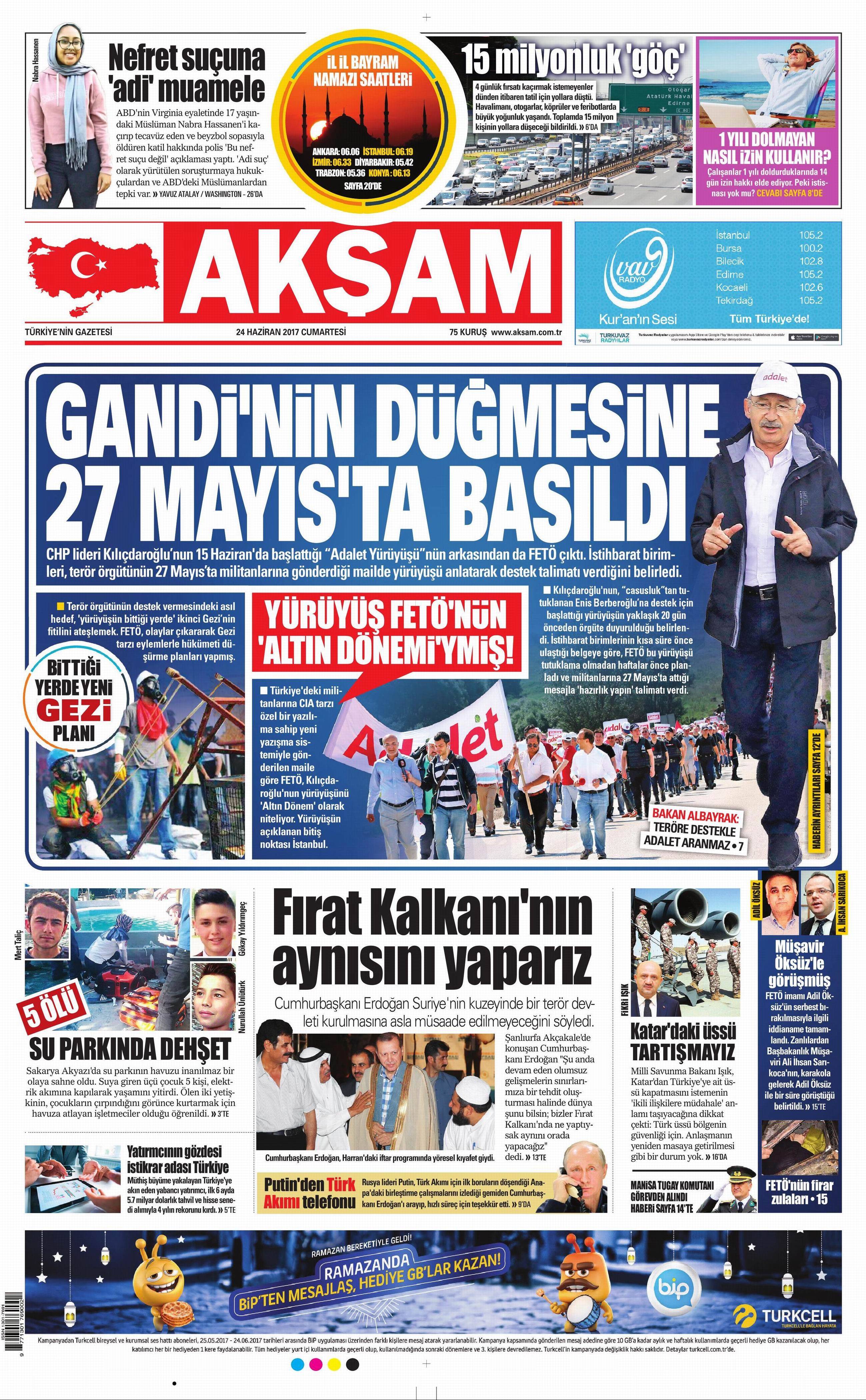 24 Haziran 2017 Cumartesi gazete manşetleri - 1