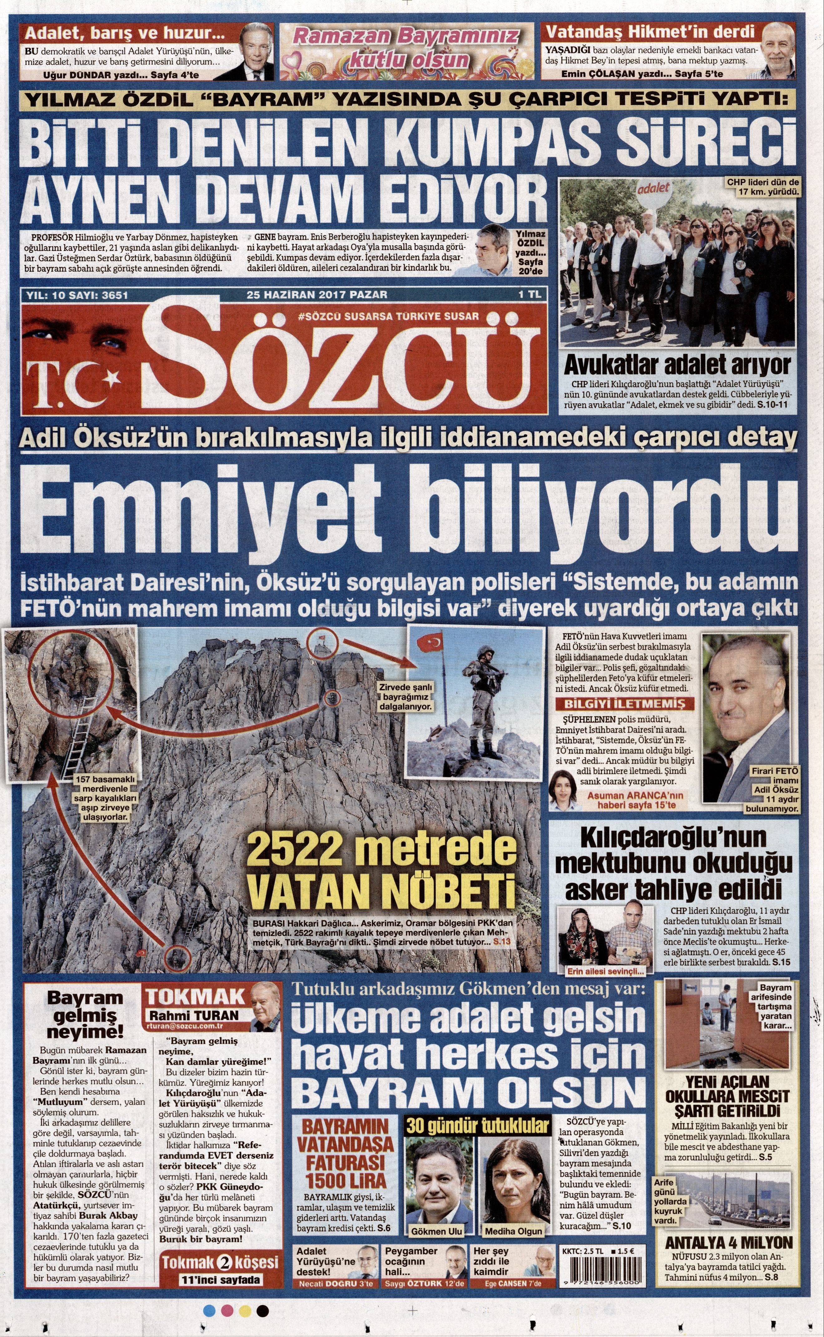 25 Haziran 2017 Pazar gazete manşetleri - 18