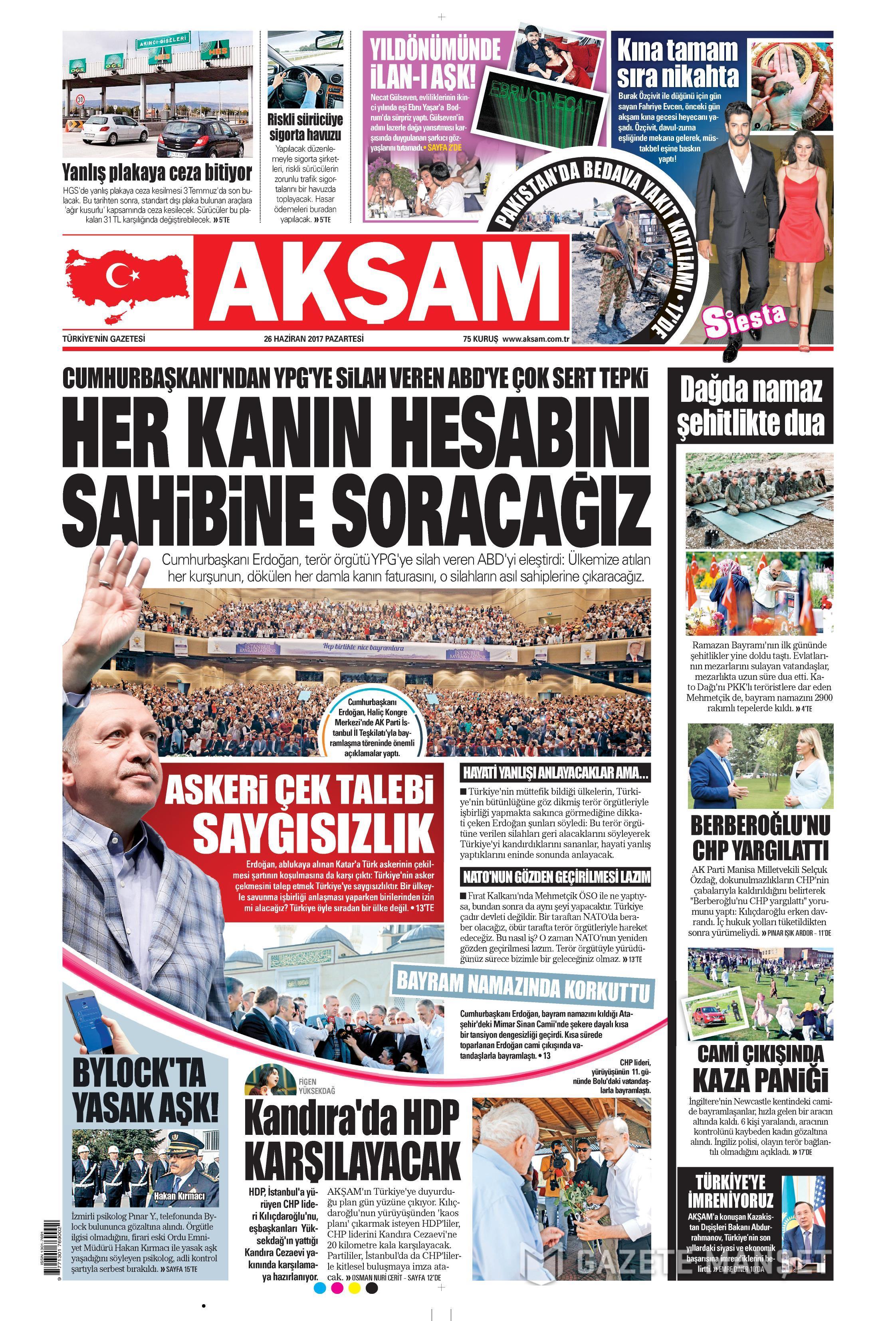 26 Haziran 2017 Pazartesi gazete manşetleri - 1