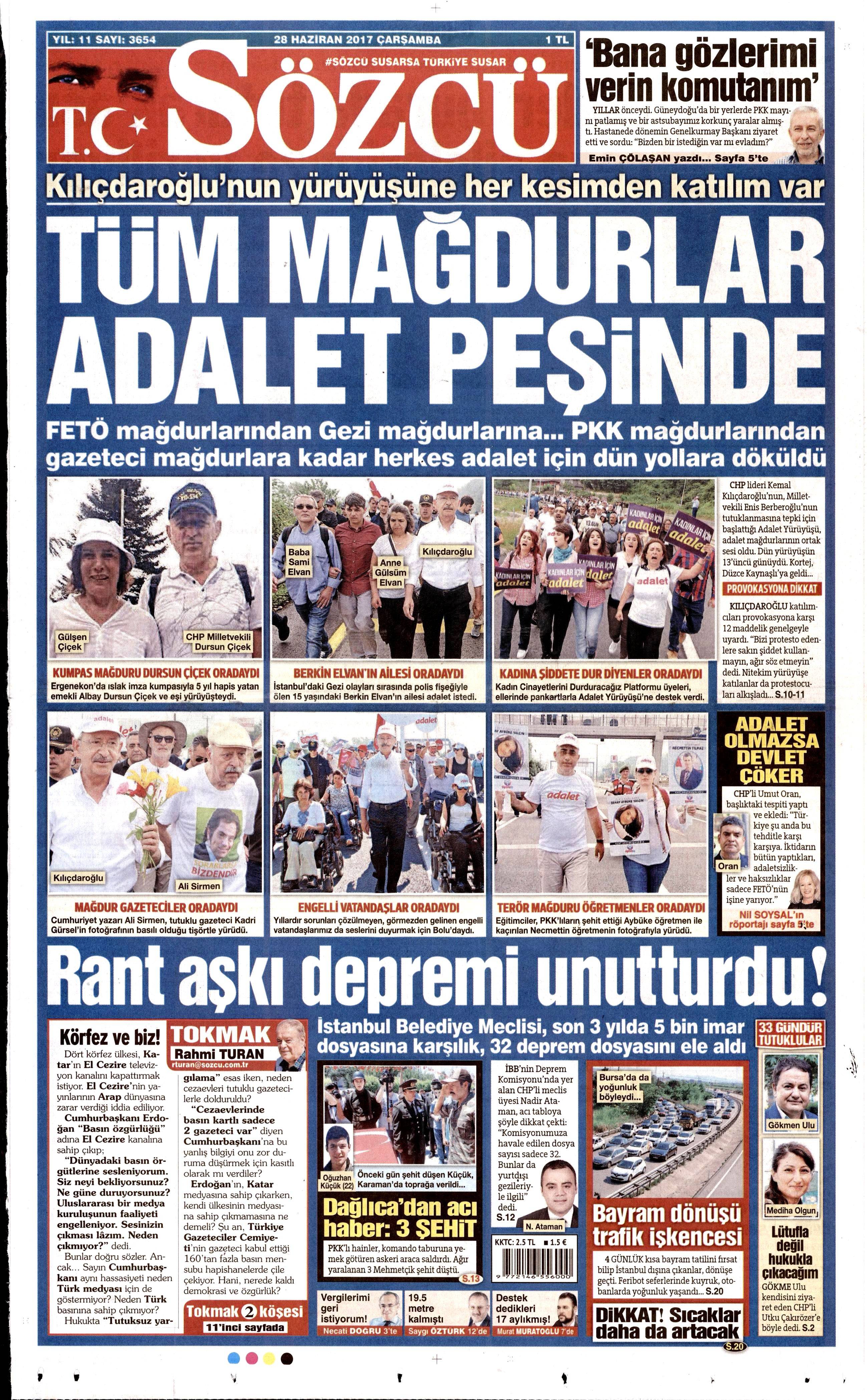 28 Haziran 2017 Çarşamba gazete manşetleri - 19