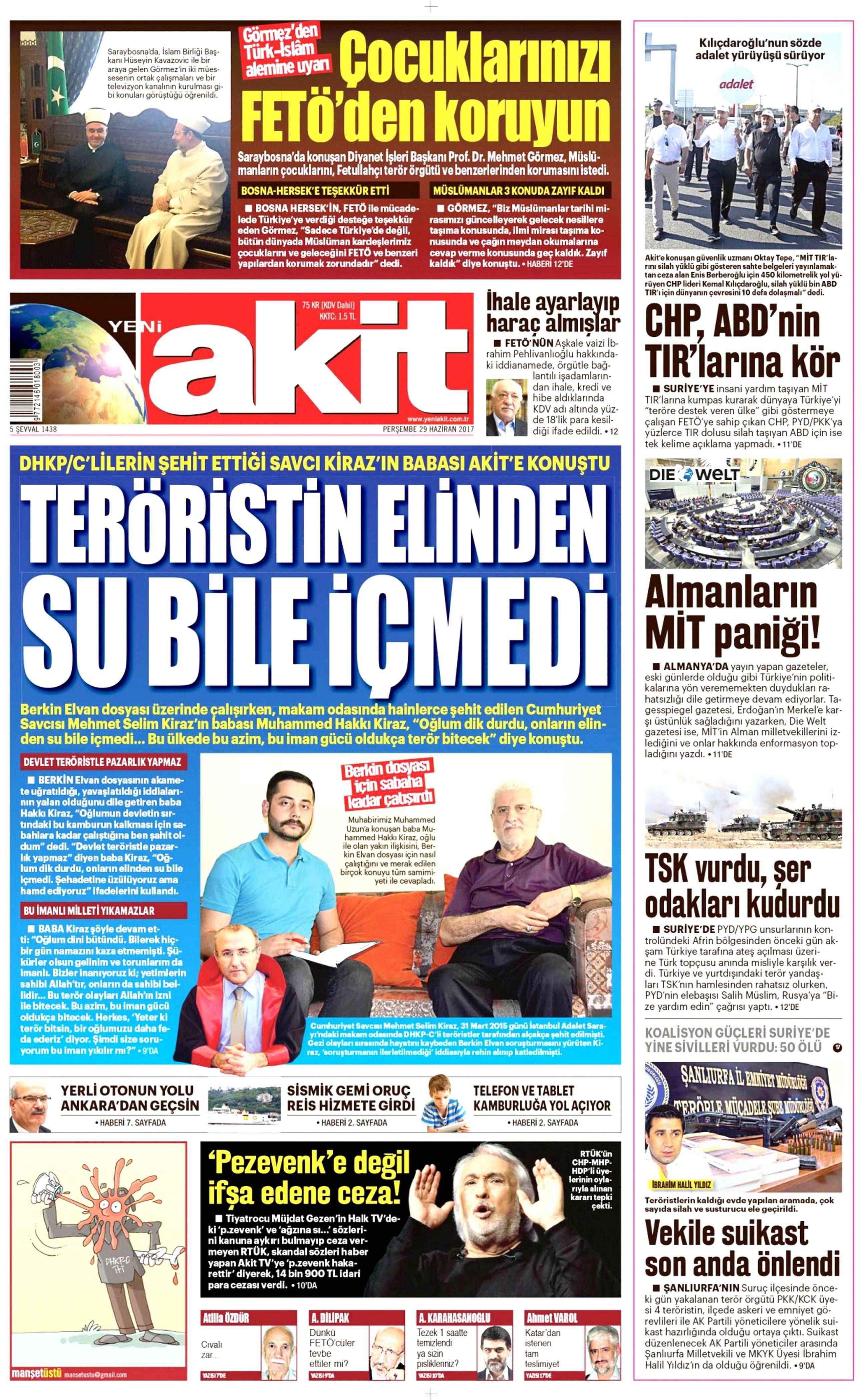 29 Haziran 2017 Perşembe gazete manşetleri - 2