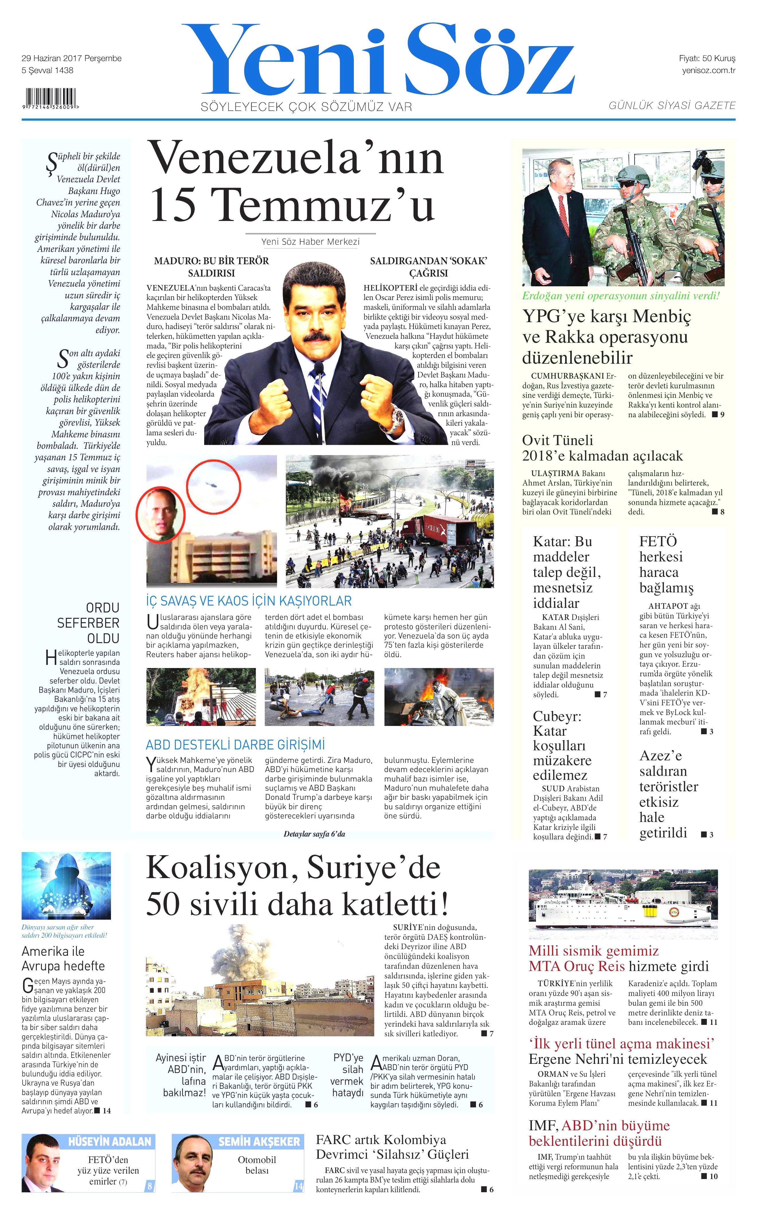 29 Haziran 2017 Perşembe gazete manşetleri - 28