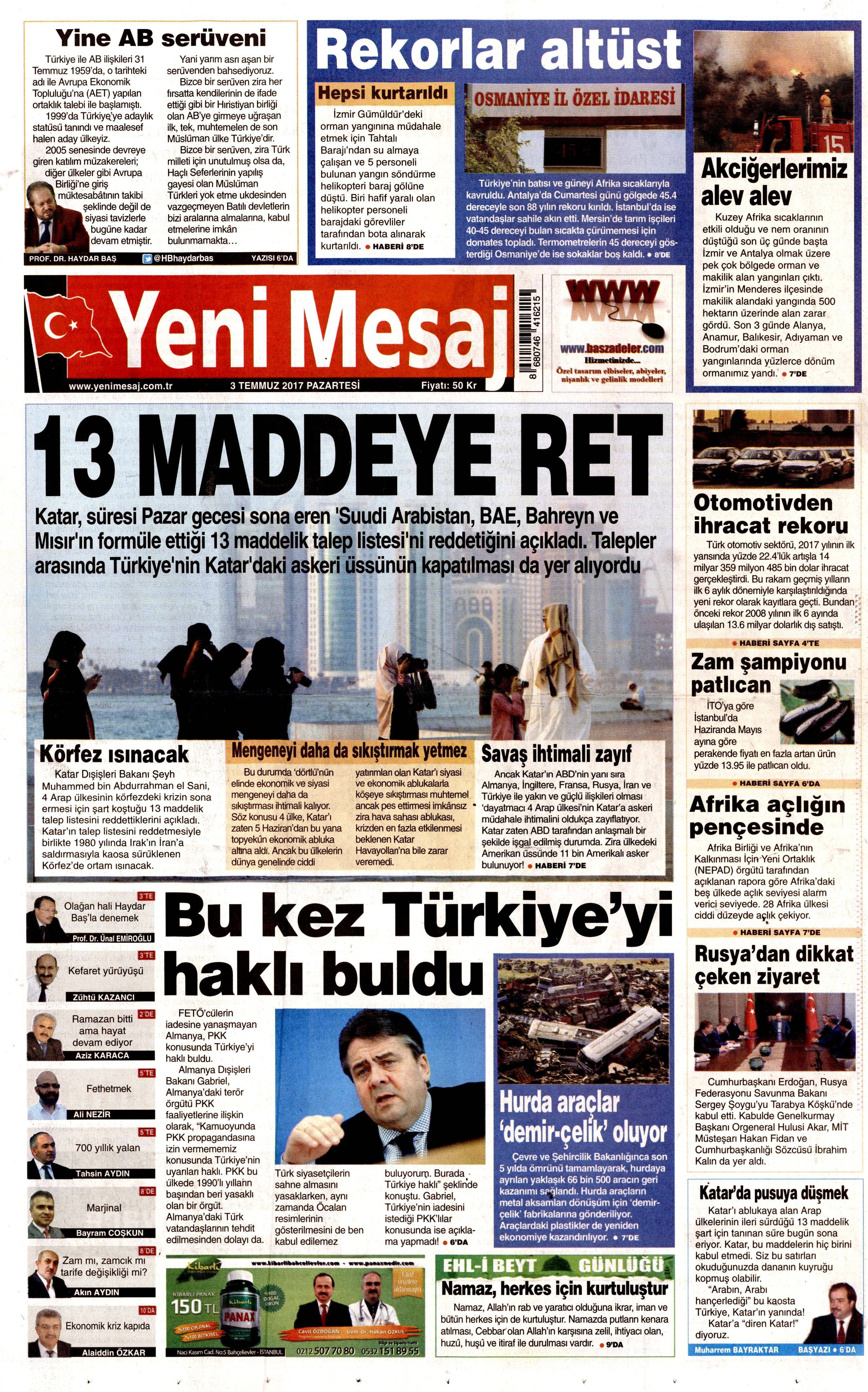 3 Temmuz 2017 Pazartesi gazete manşetleri - 25