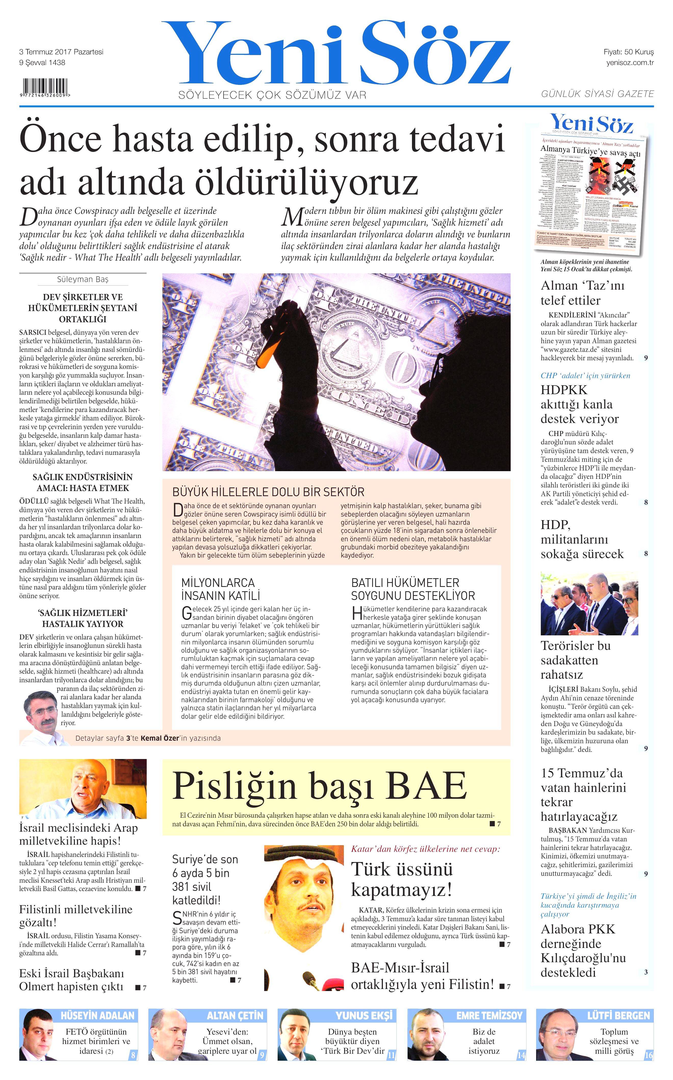 3 Temmuz 2017 Pazartesi gazete manşetleri - 26