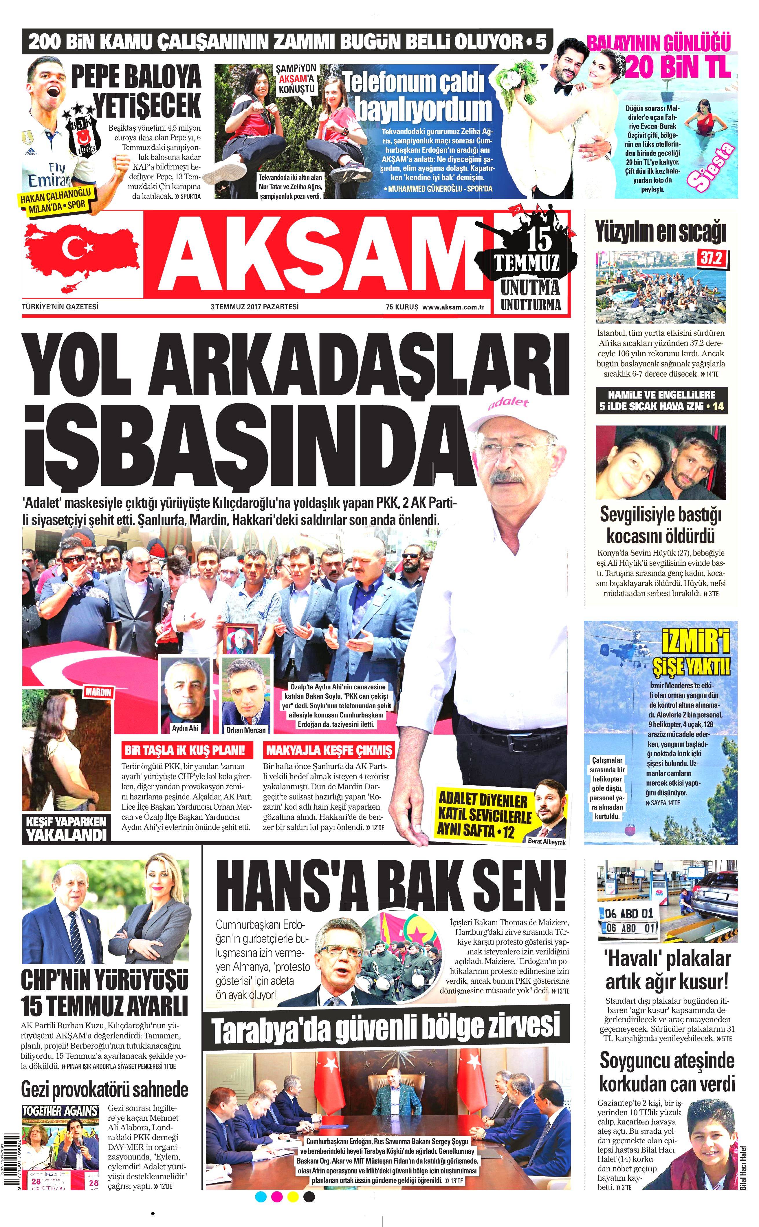 3 Temmuz 2017 Pazartesi gazete manşetleri - 1