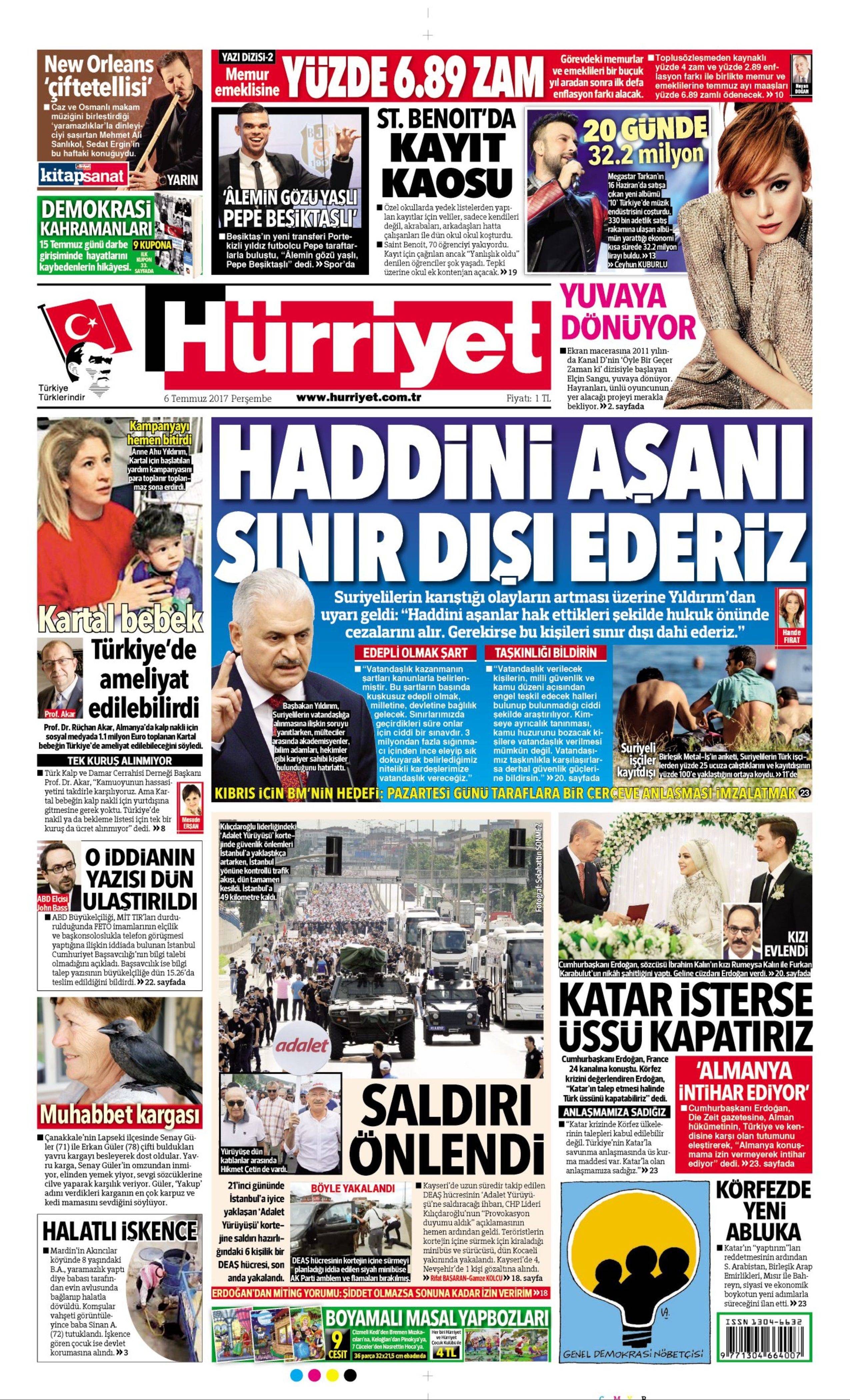 6 Temmuz 2017 Perşembe gazete manşetleri - 6