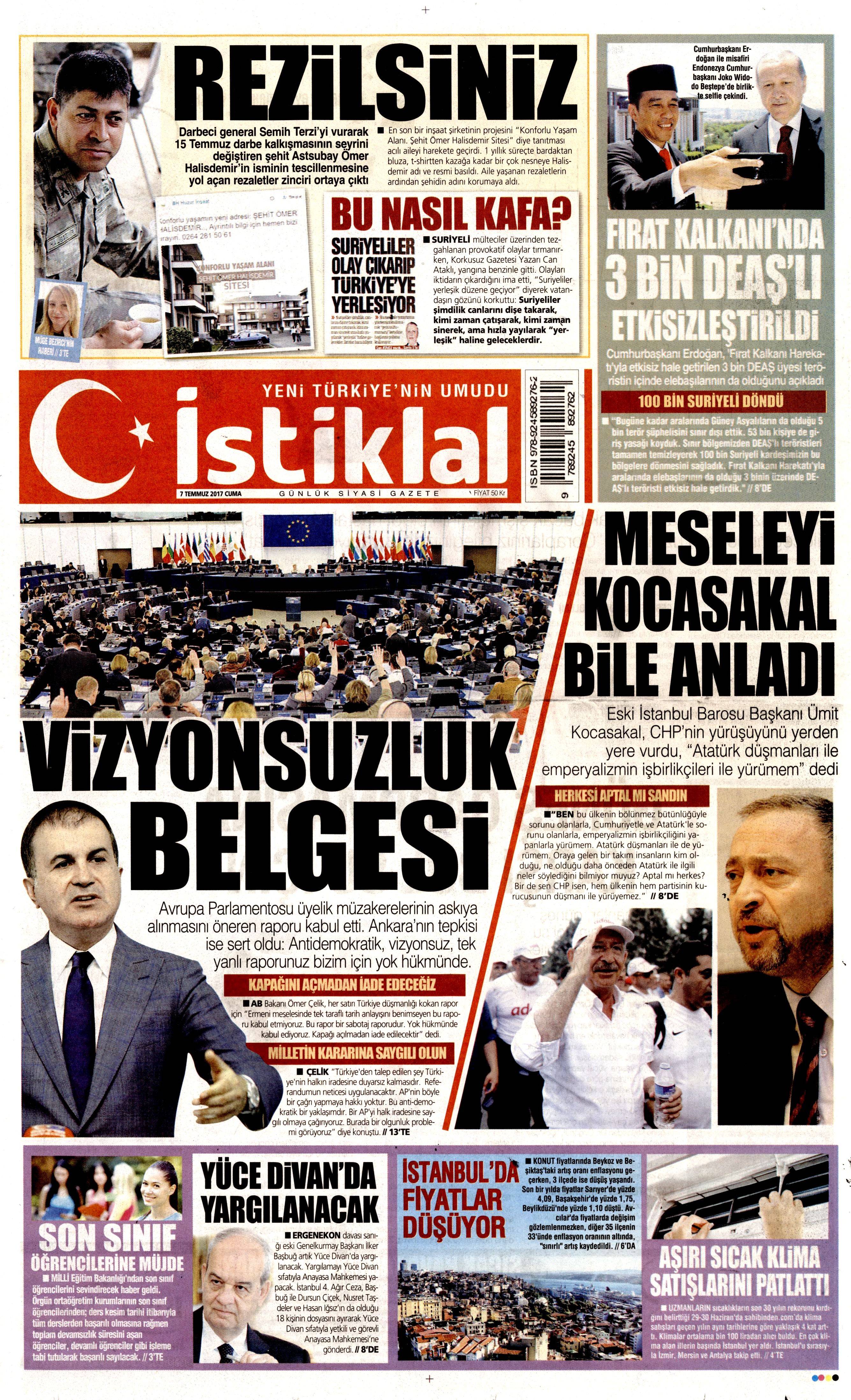 7 Temmuz 2017 Cuma gazete manşetleri - 7