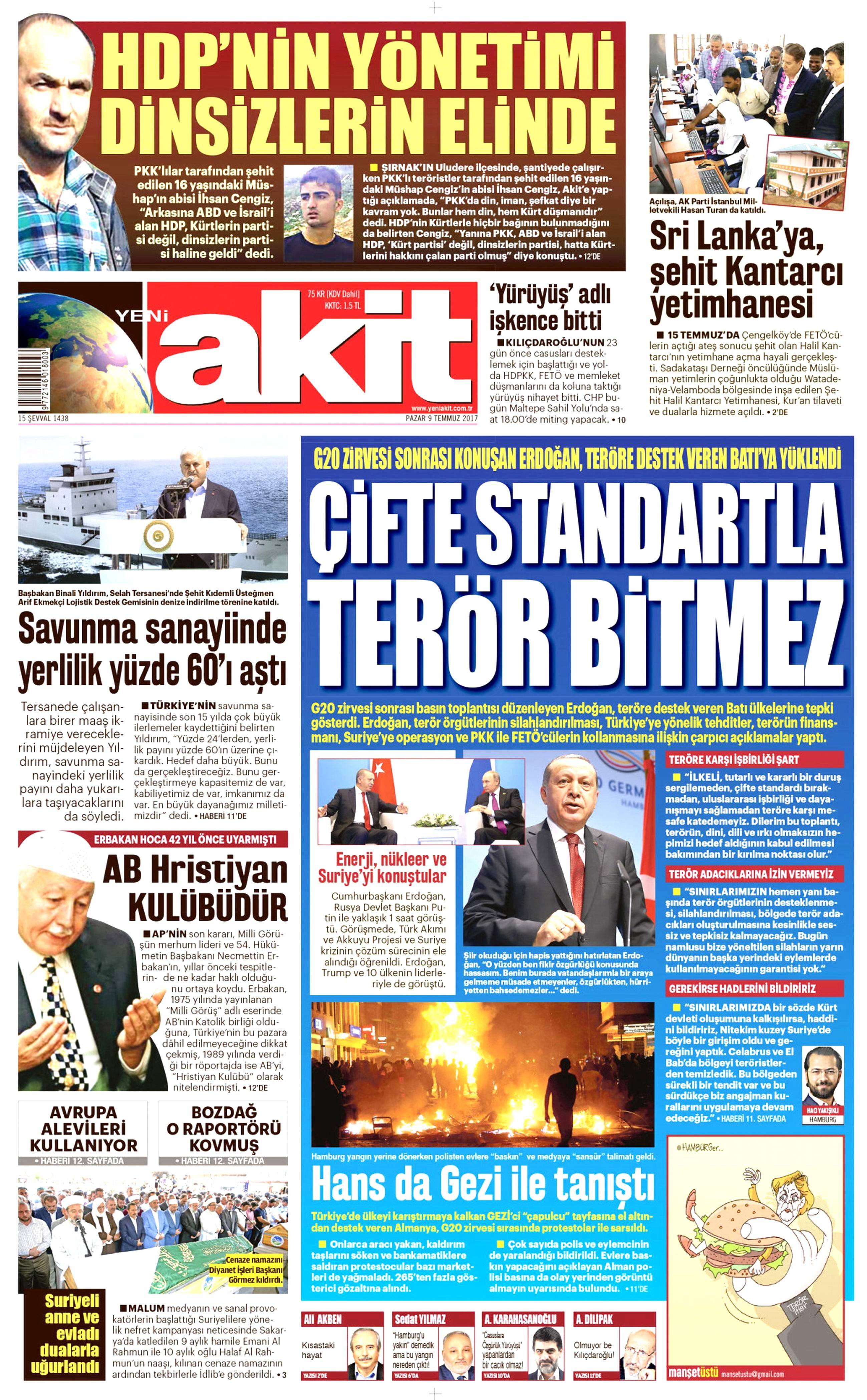 9 Temmuz 2017 Pazar gazete manşetleri - 2