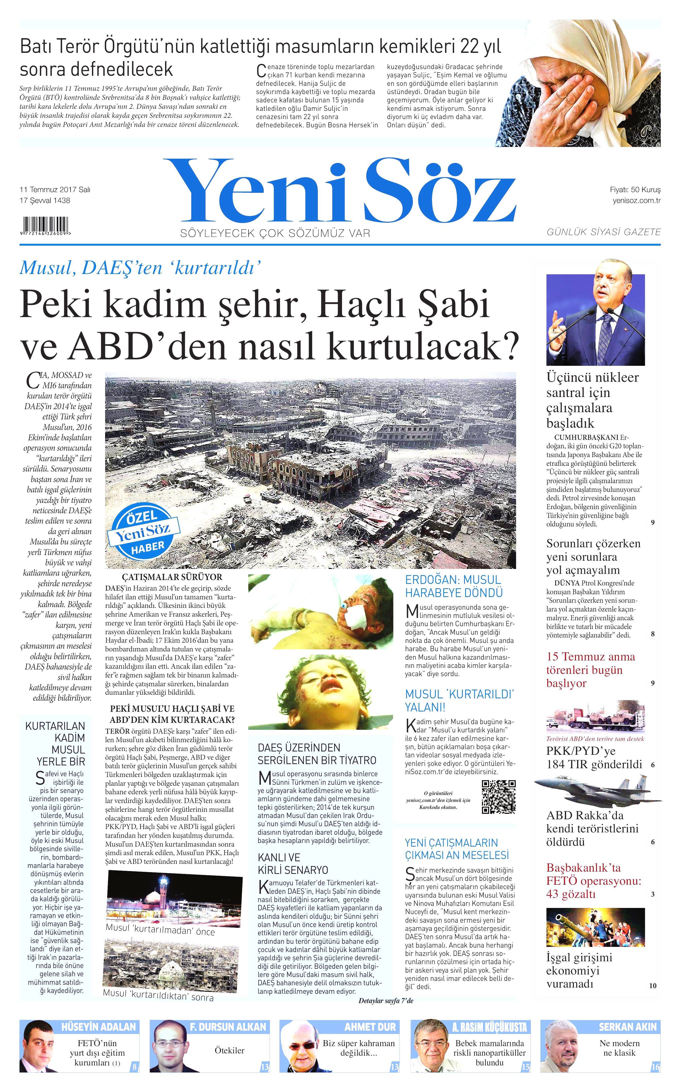 11 Temmuz 2017 Salı gazete manşetleri - 11