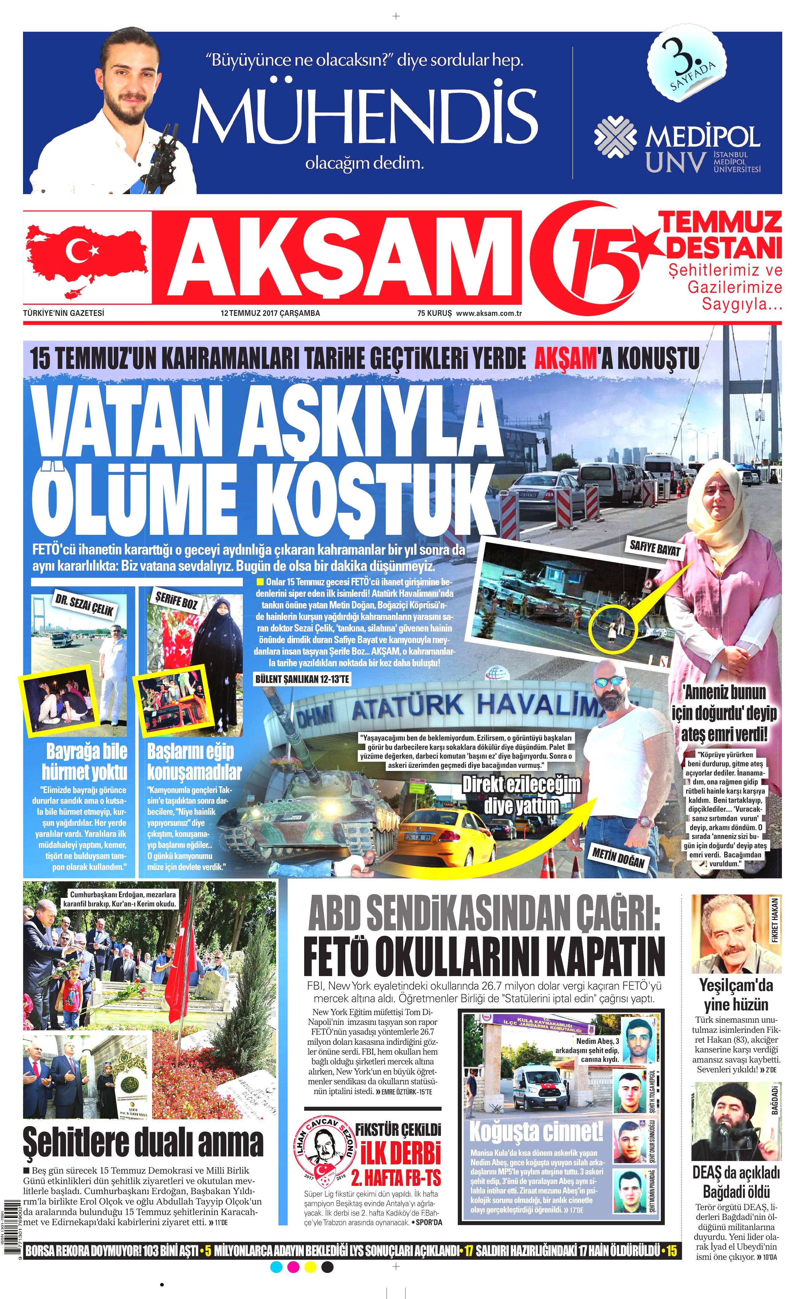 12 Temmuz 2017 Çarşamba gazete manşetleri - 1