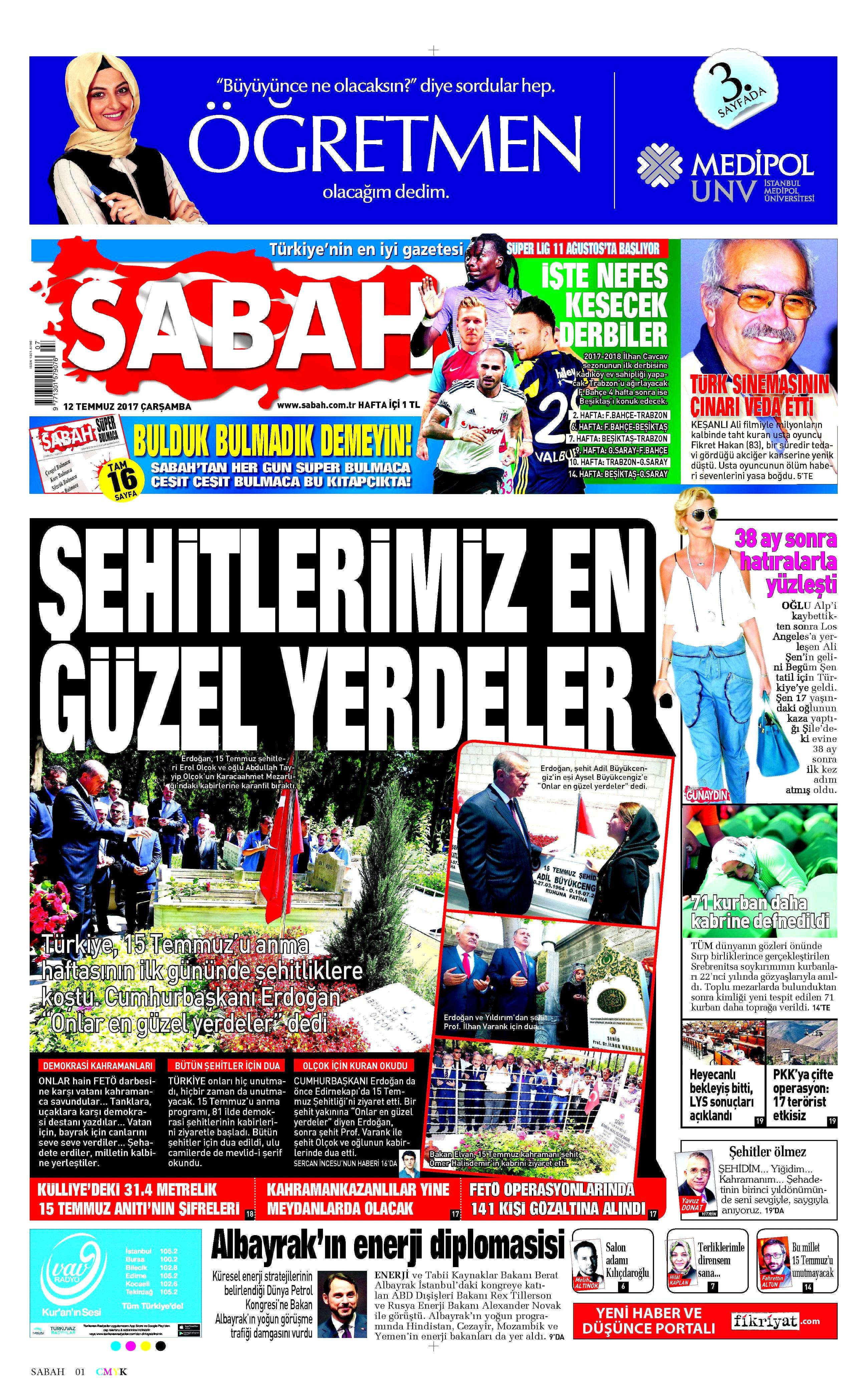 12 Temmuz 2017 Çarşamba gazete manşetleri - 13