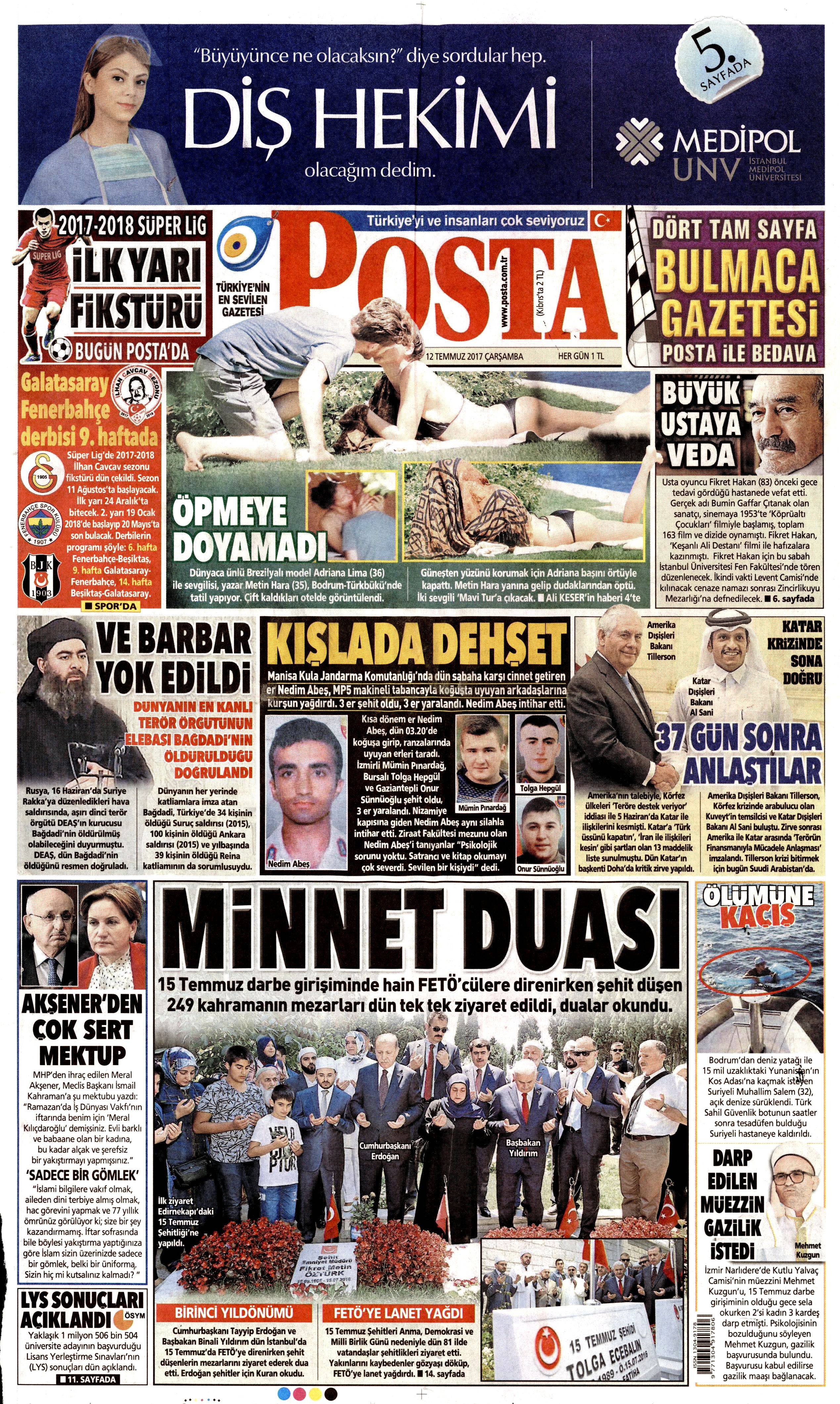 12 Temmuz 2017 Çarşamba gazete manşetleri - 12