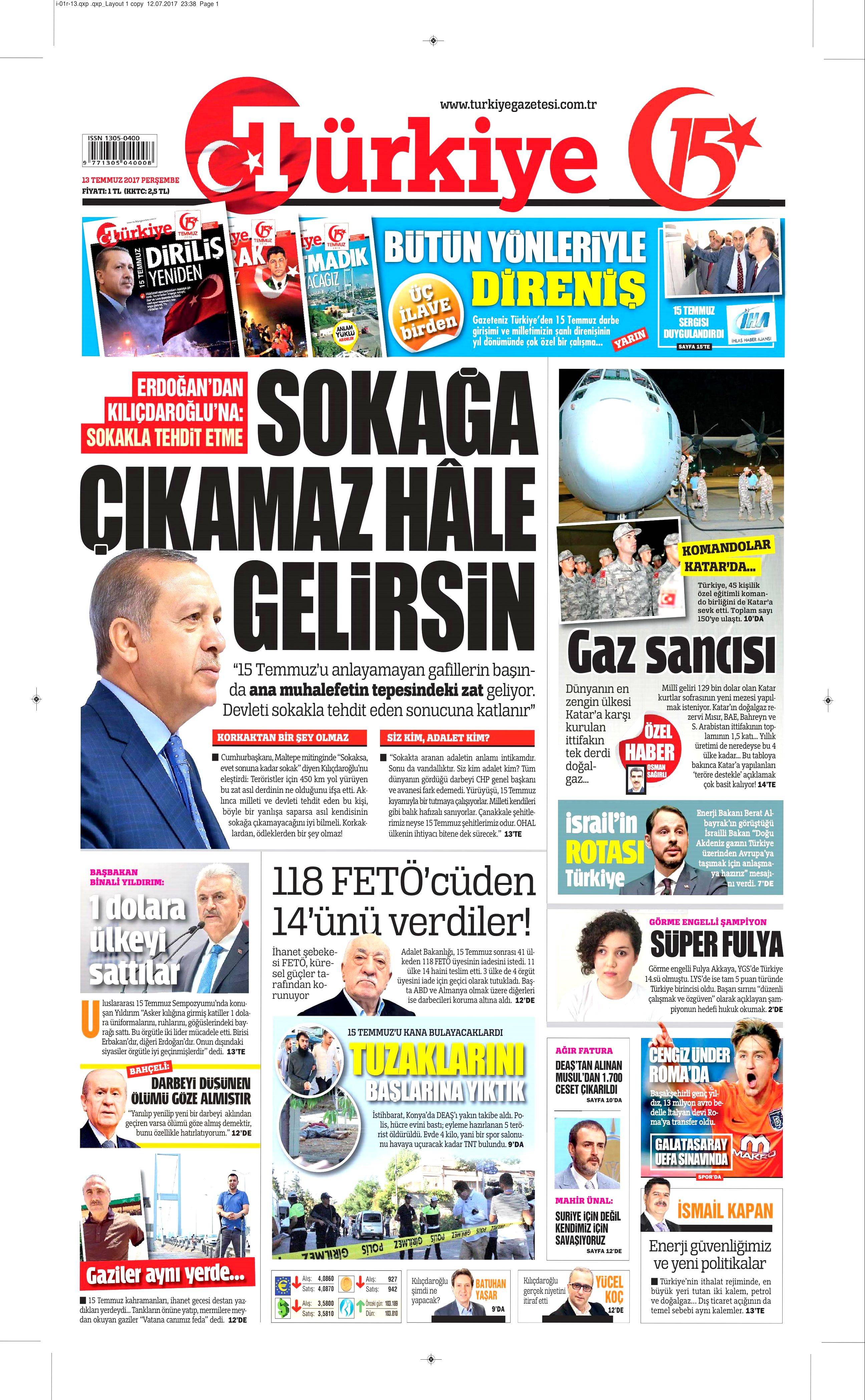 13 Temmuz 2017 Perşembe gazete manşetleri - 17