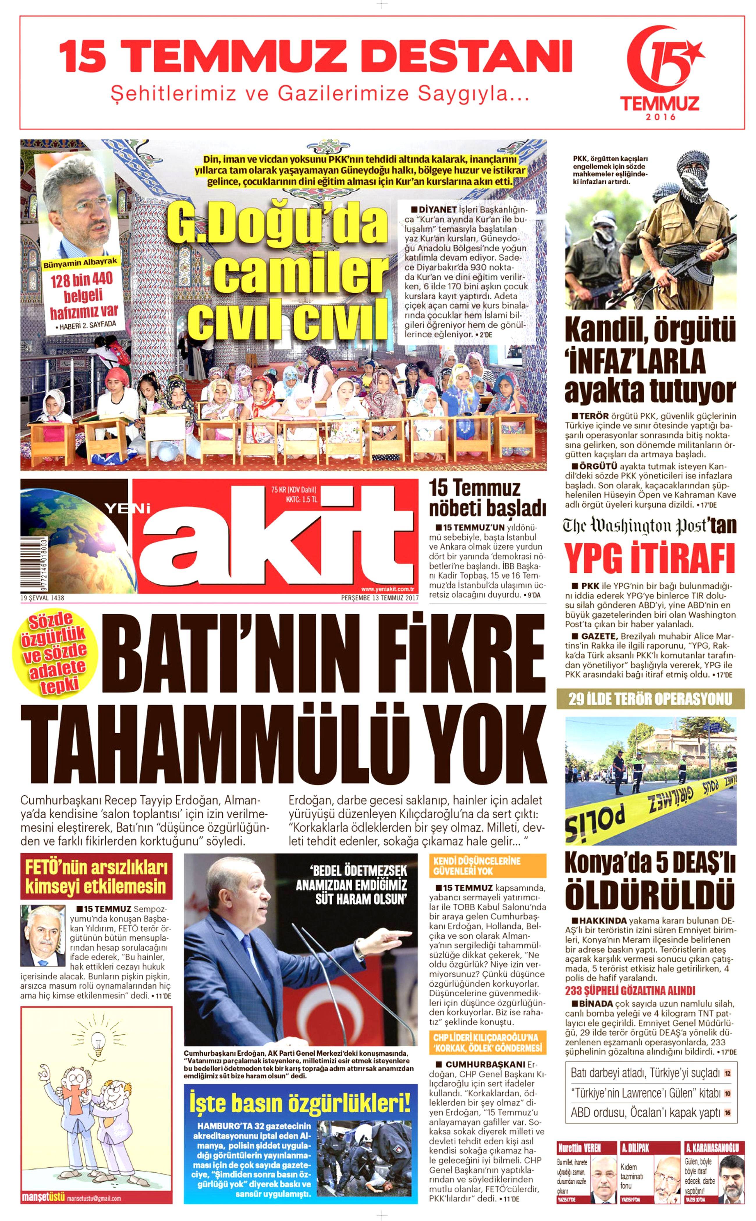 13 Temmuz 2017 Perşembe gazete manşetleri - 2