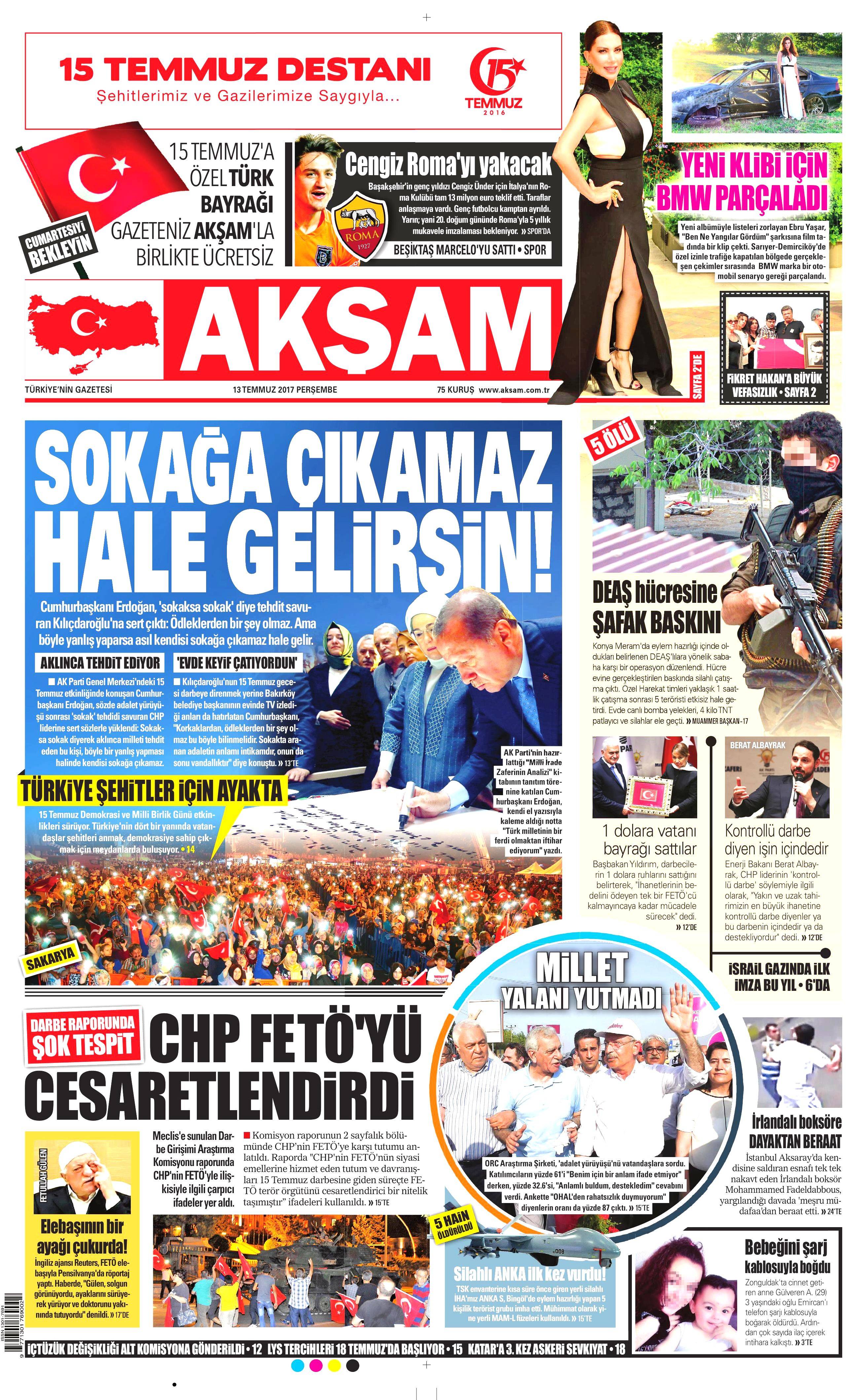 13 Temmuz 2017 Perşembe gazete manşetleri - 1