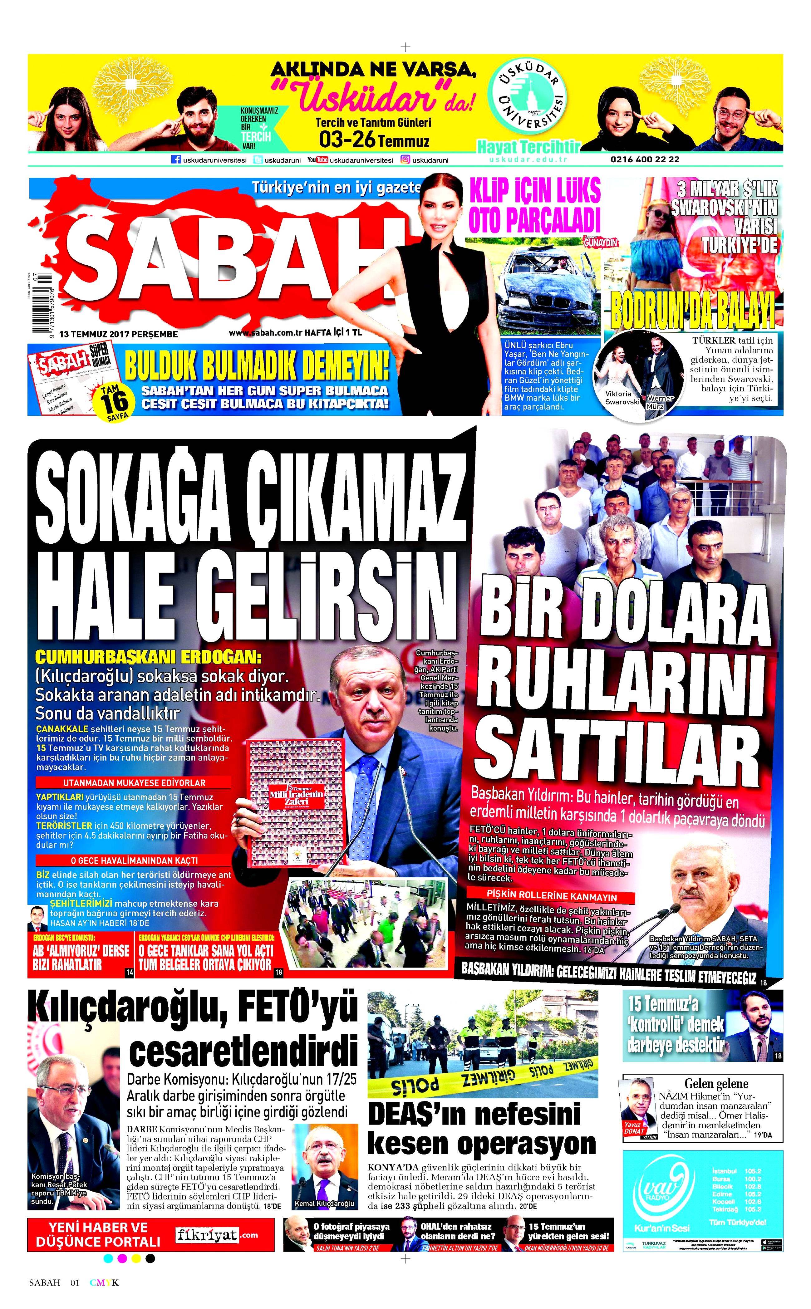 13 Temmuz 2017 Perşembe gazete manşetleri - 13