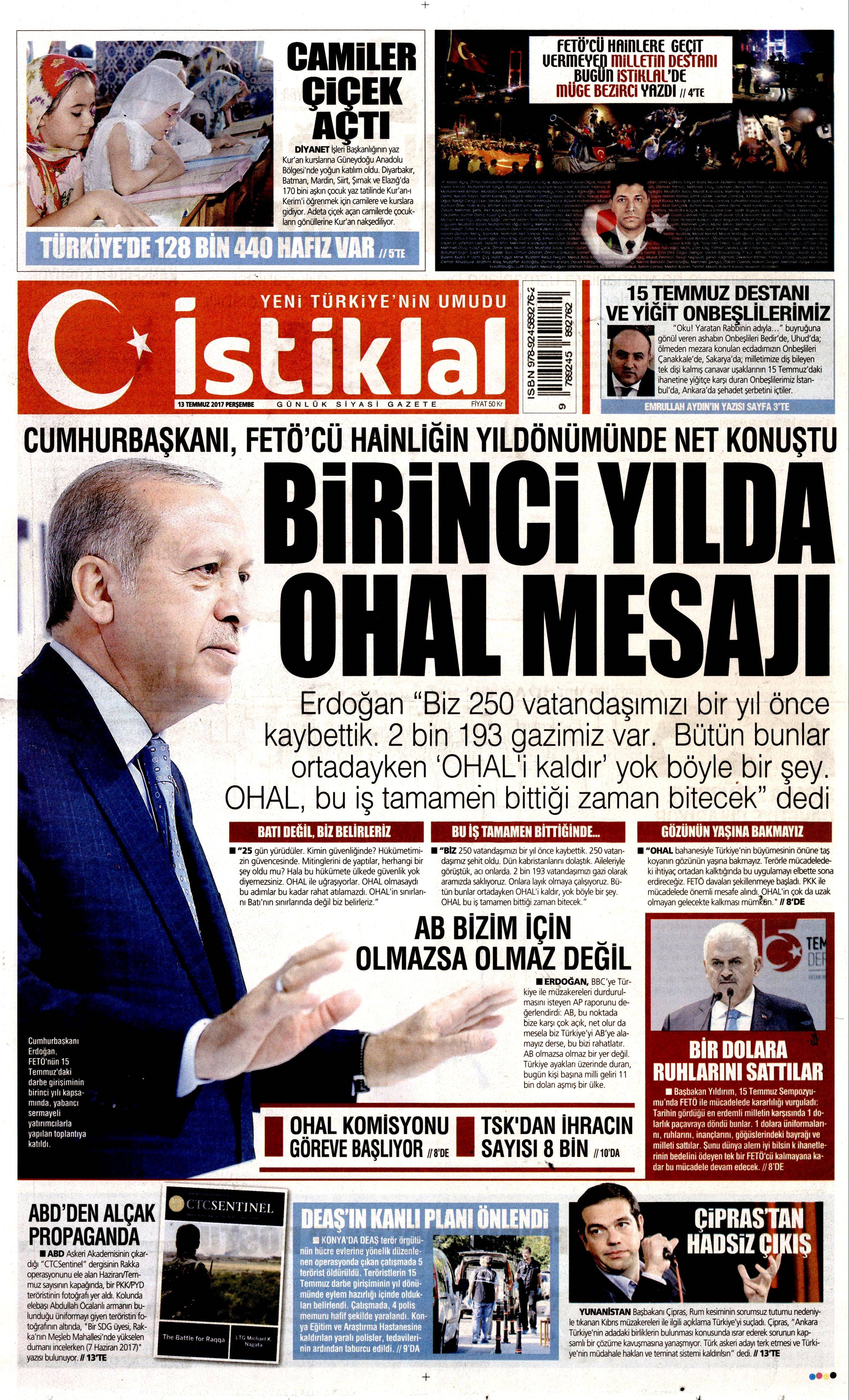 13 Temmuz 2017 Perşembe gazete manşetleri - 7