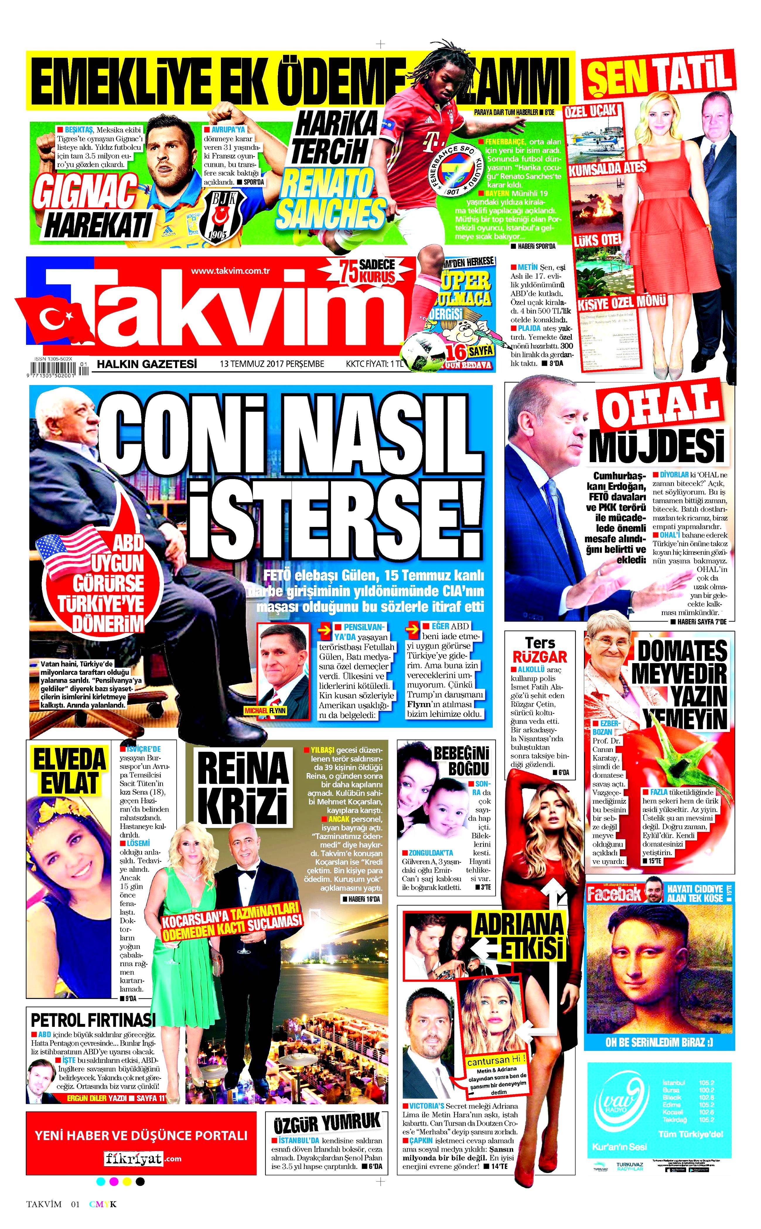 13 Temmuz 2017 Perşembe gazete manşetleri - 14