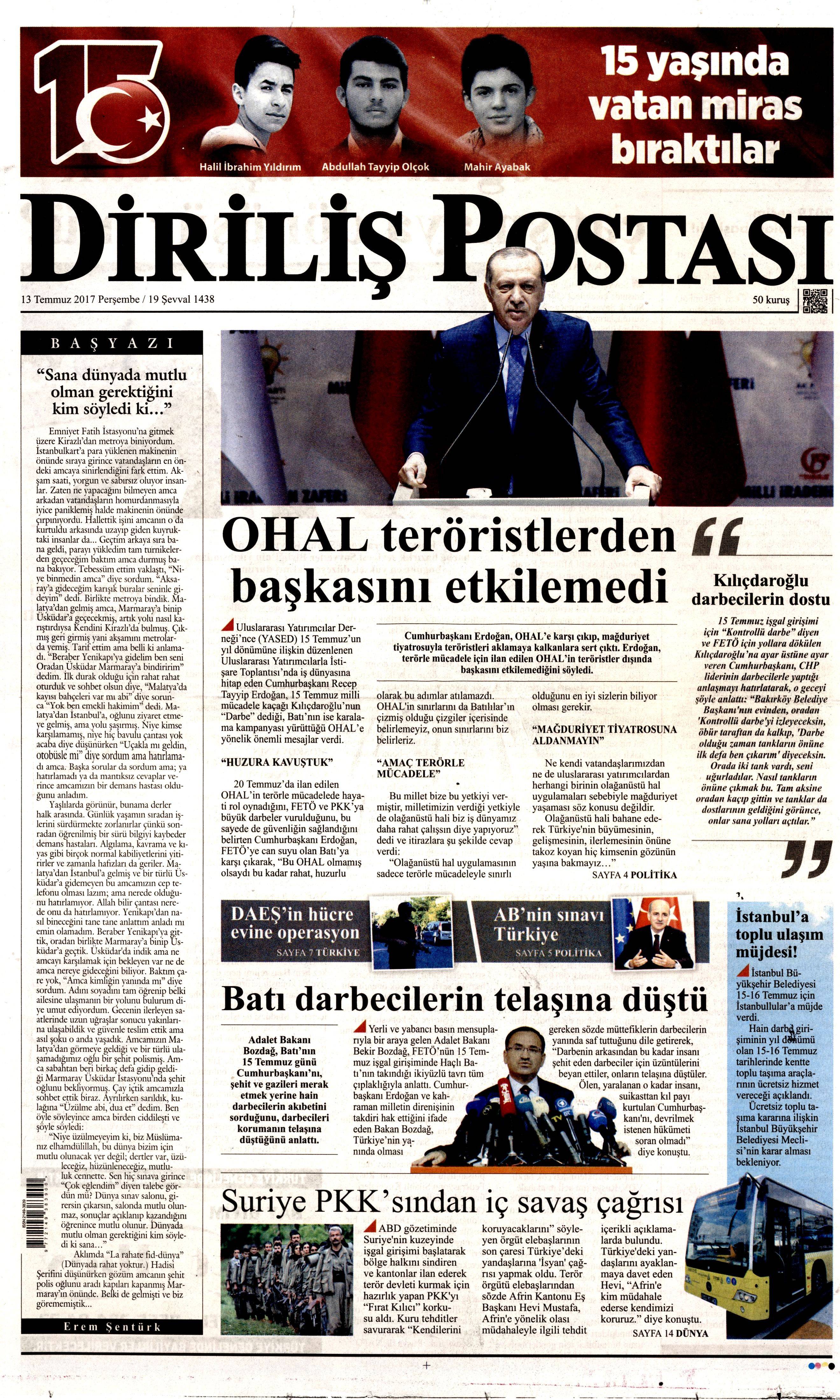 13 Temmuz 2017 Perşembe gazete manşetleri - 3