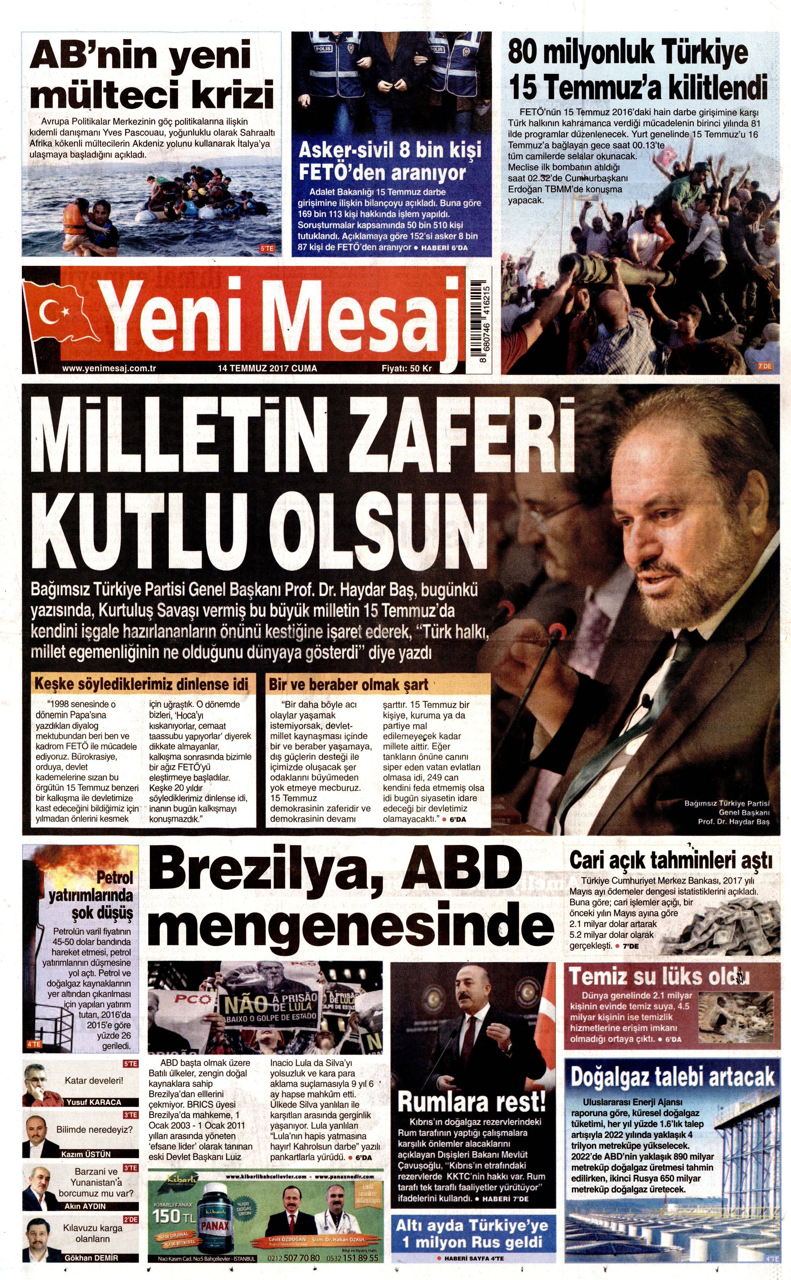 14 Temmuz 2017 Cuma gazete manşetleri - 23