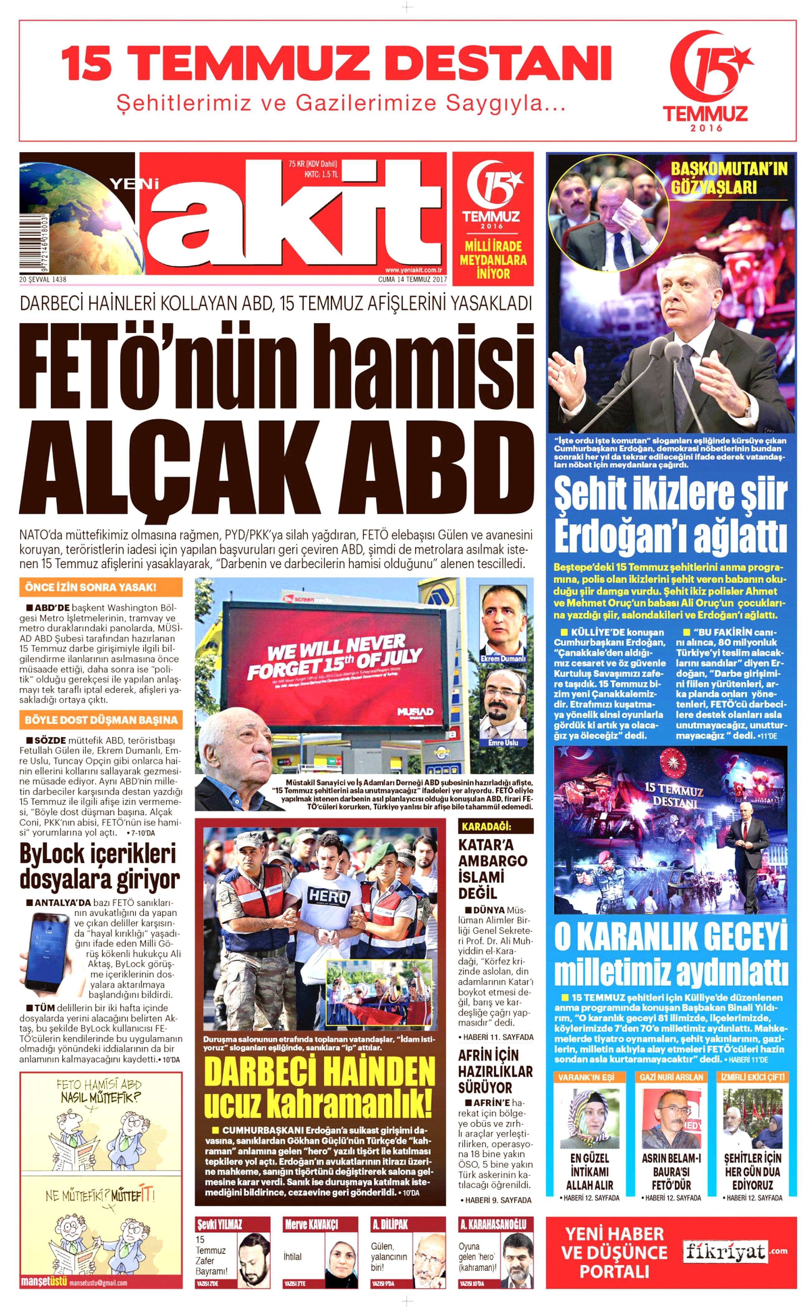 14 Temmuz 2017 Cuma gazete manşetleri - 2
