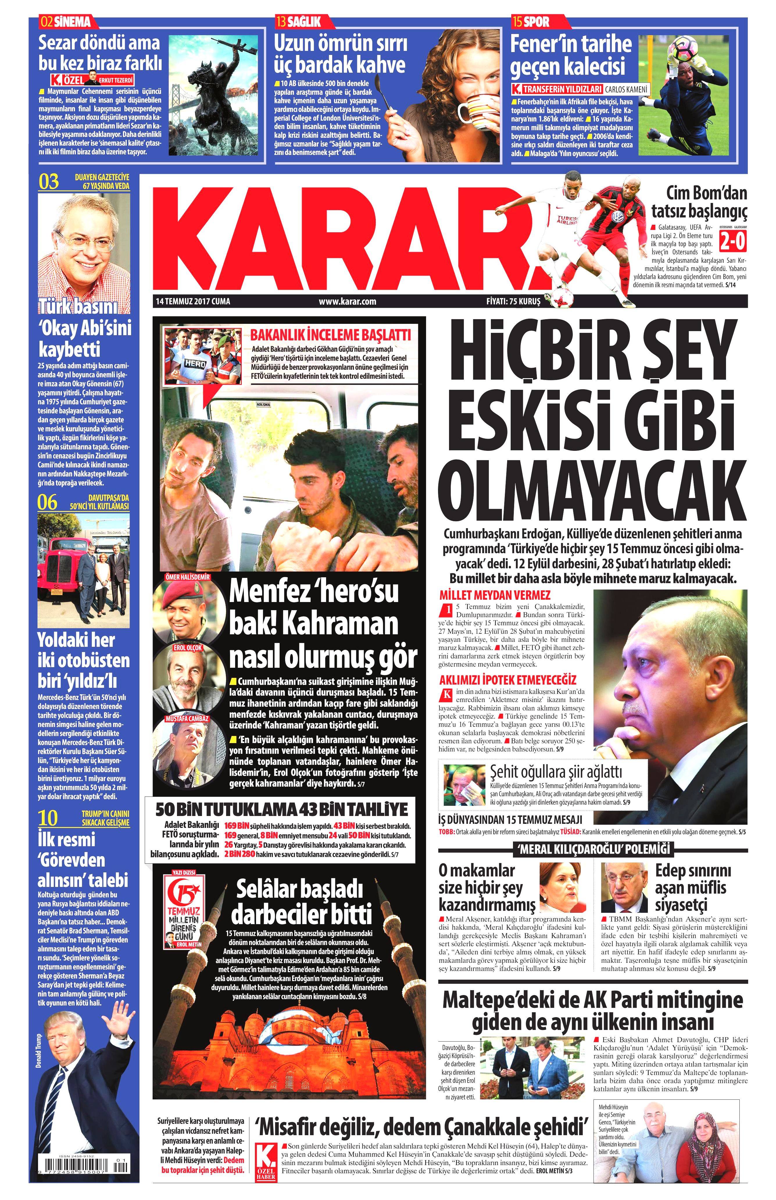14 Temmuz 2017 Cuma gazete manşetleri - 8