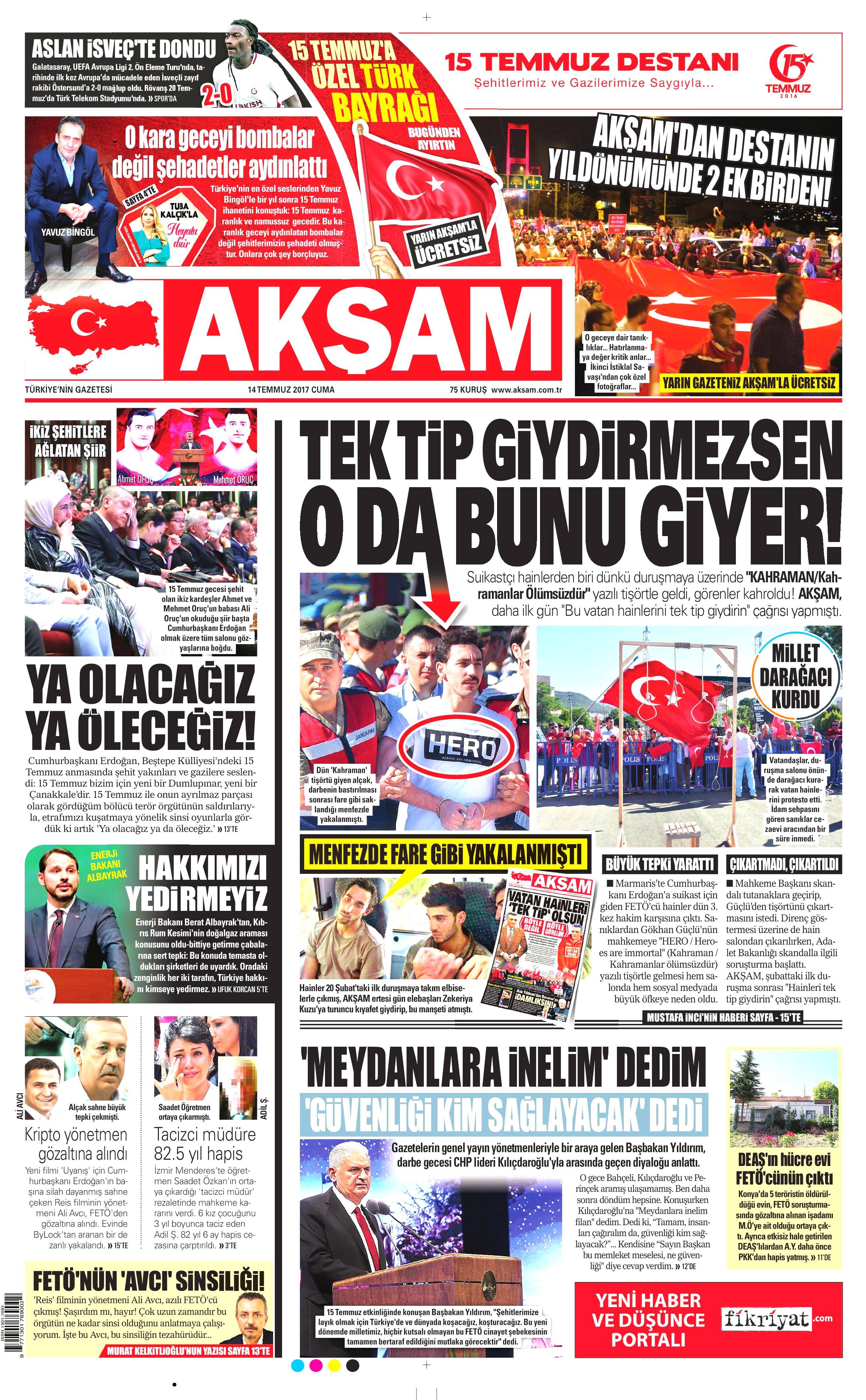 14 Temmuz 2017 Cuma gazete manşetleri - 1