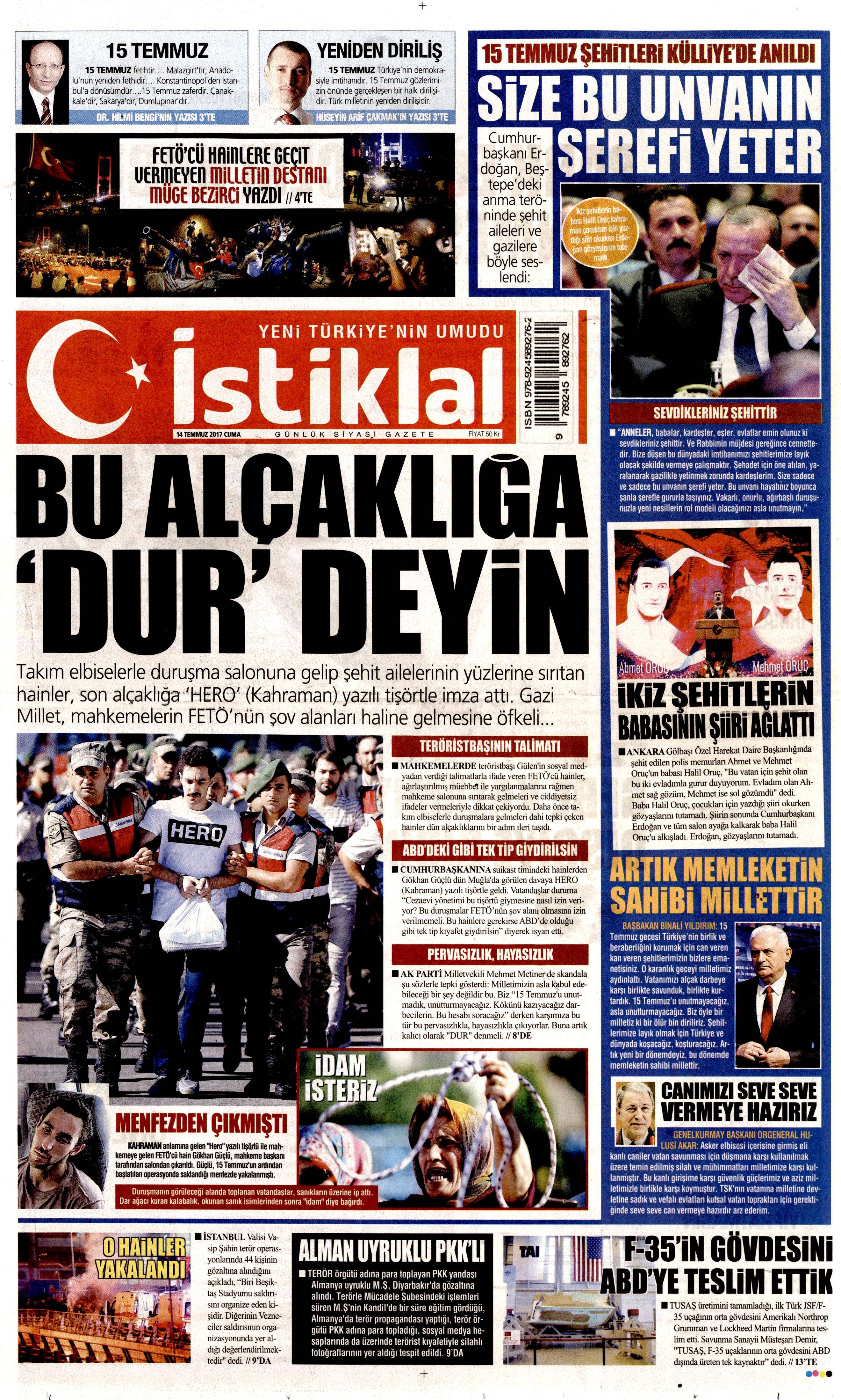 14 Temmuz 2017 Cuma gazete manşetleri - 7