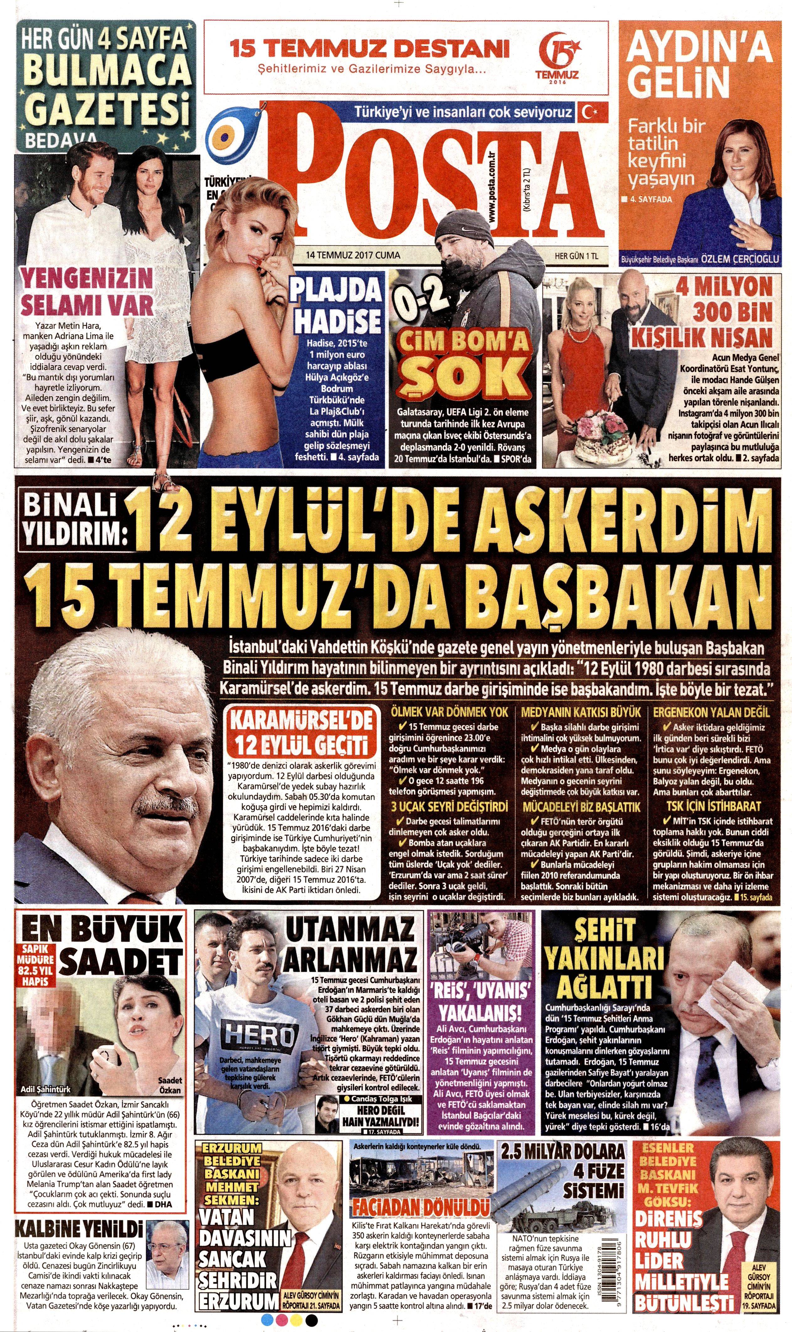 14 Temmuz 2017 Cuma gazete manşetleri - 13