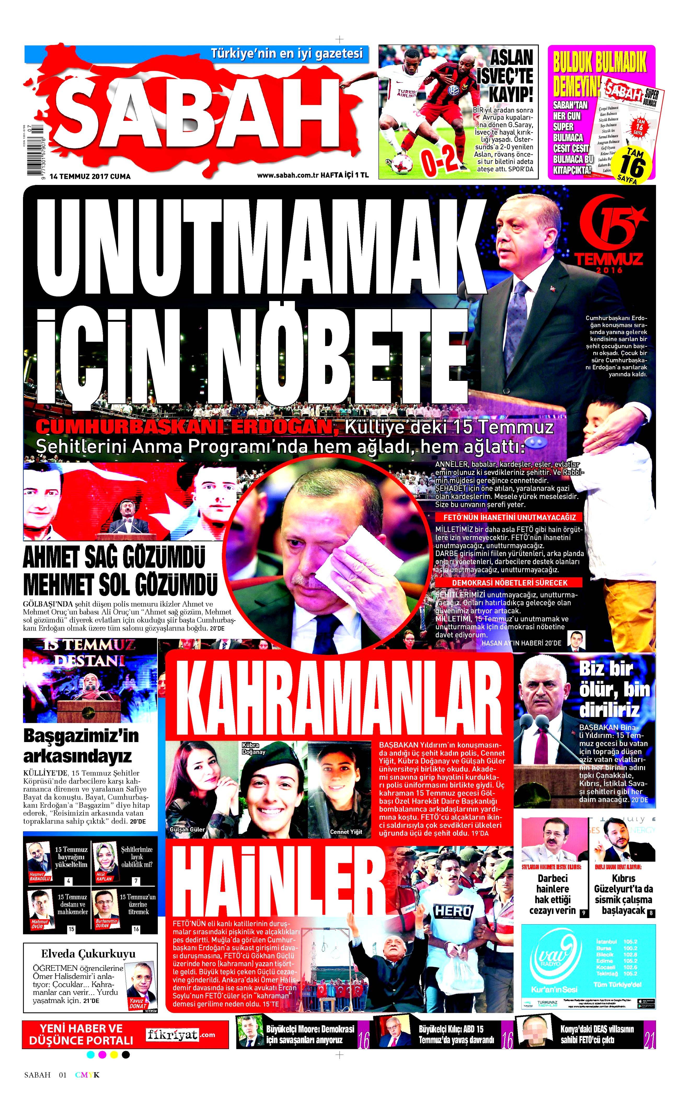 14 Temmuz 2017 Cuma gazete manşetleri - 14
